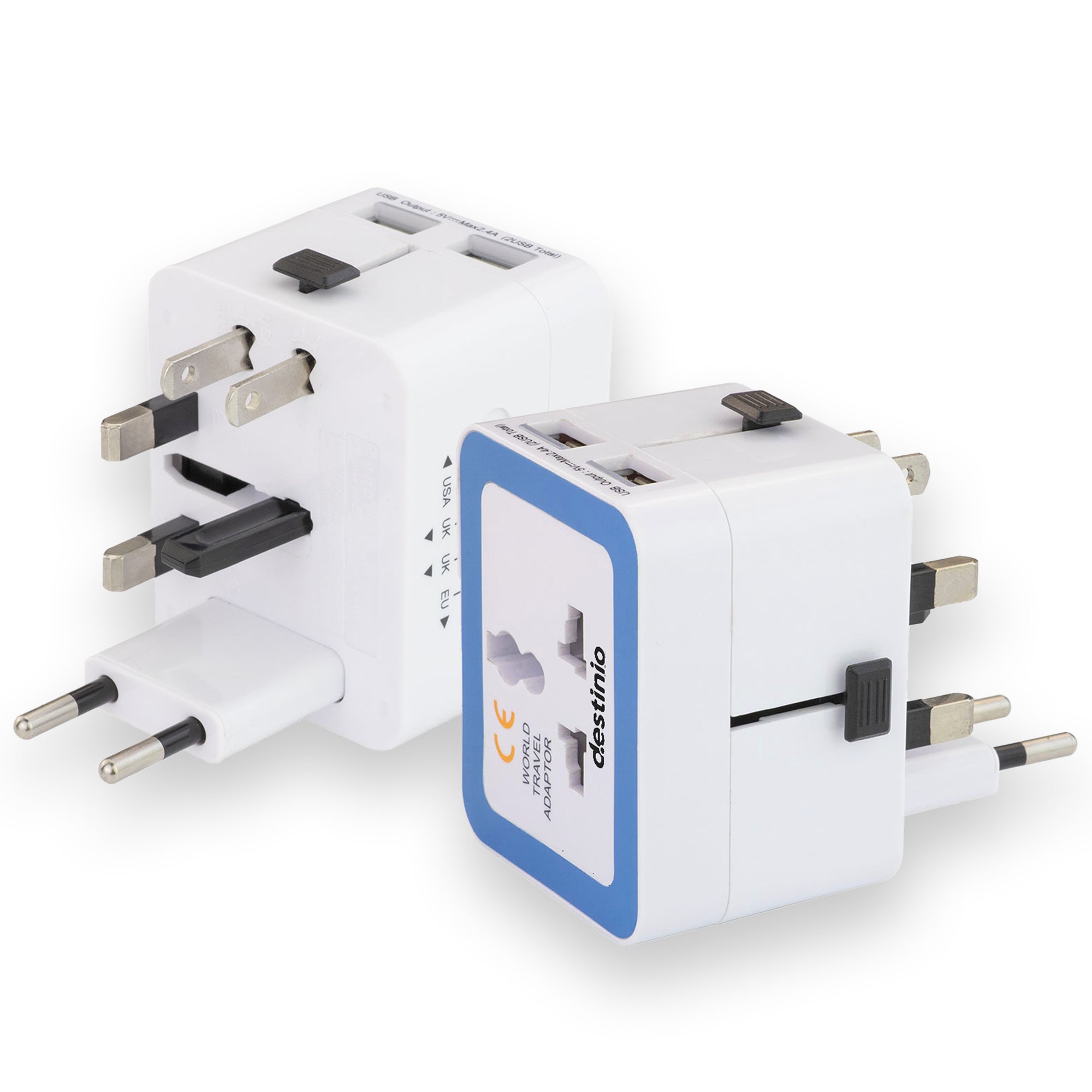 Destinio Universal Travel Adapter - Dual USB 5V 2.4A, 100-250V - 3 in 1 International Worldwide All in One Charger Plug and Socket for USA, Canada, UK, Europe