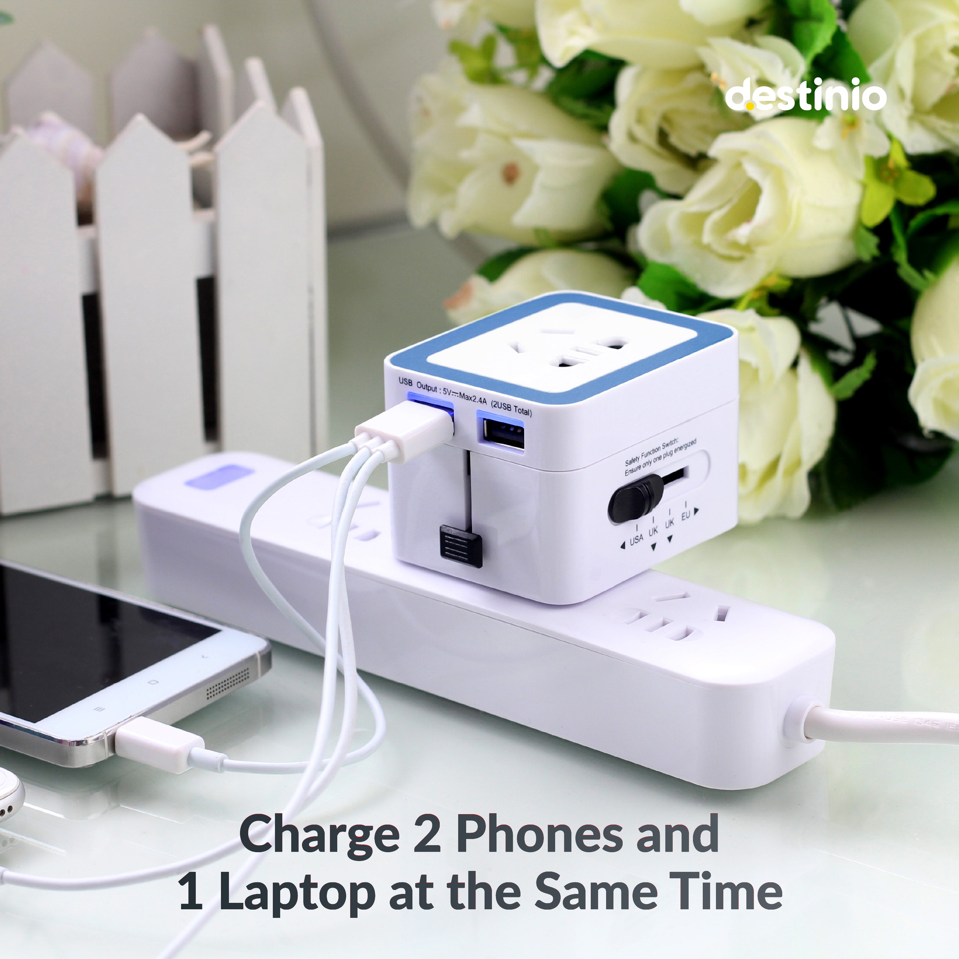 Destinio Universal Travel Adapter - Dual USB 5V 2.4A, 100-250V - 3 in 1 International Worldwide All in One Charger Plug and Socket for USA, Canada, UK, Europe