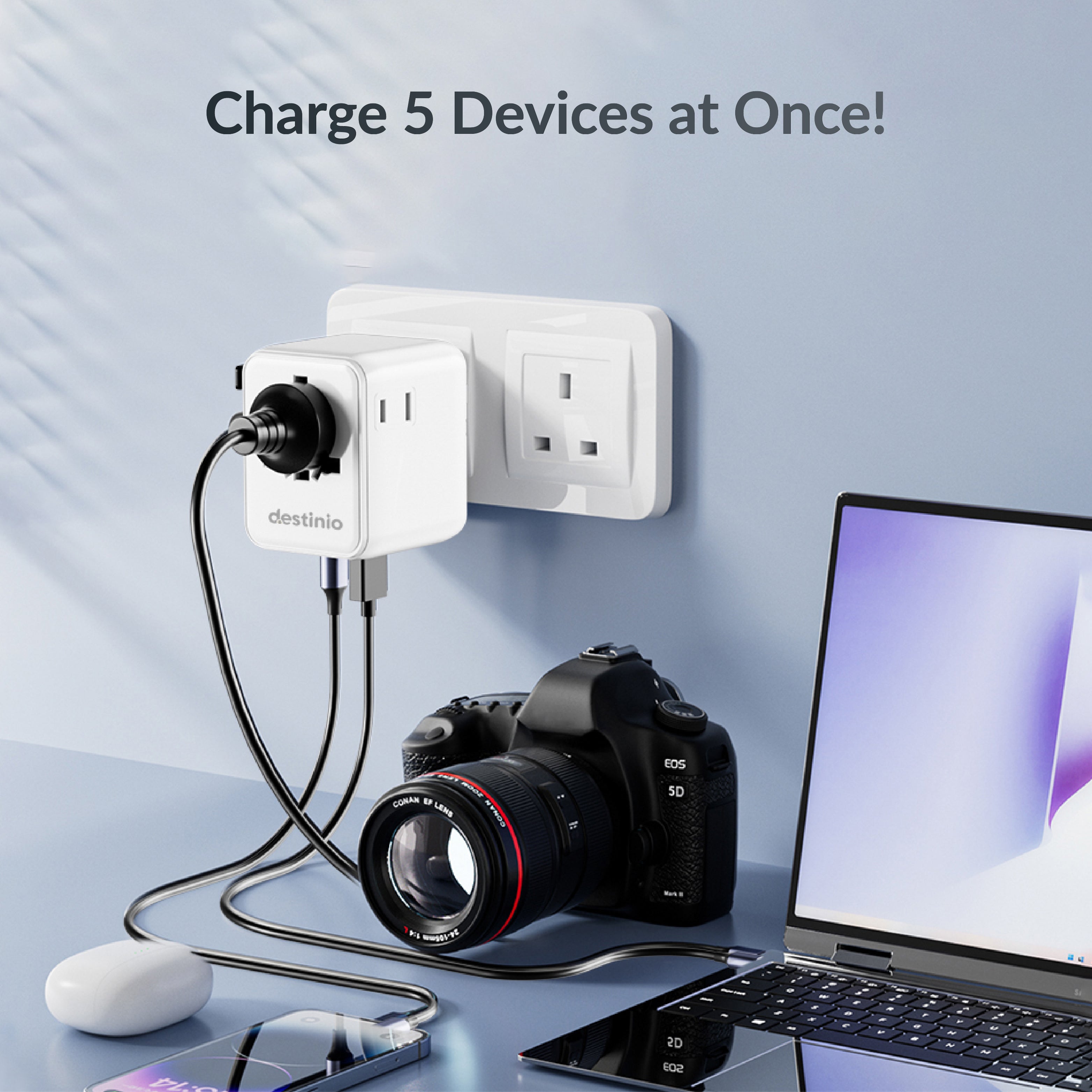 estinio Universal Travel Adapter - 6-in-1 Fast Charging International Charger with PD, Type C & 3 USB Ports - All-in-One for US, UK, Europe (25w - Type C)