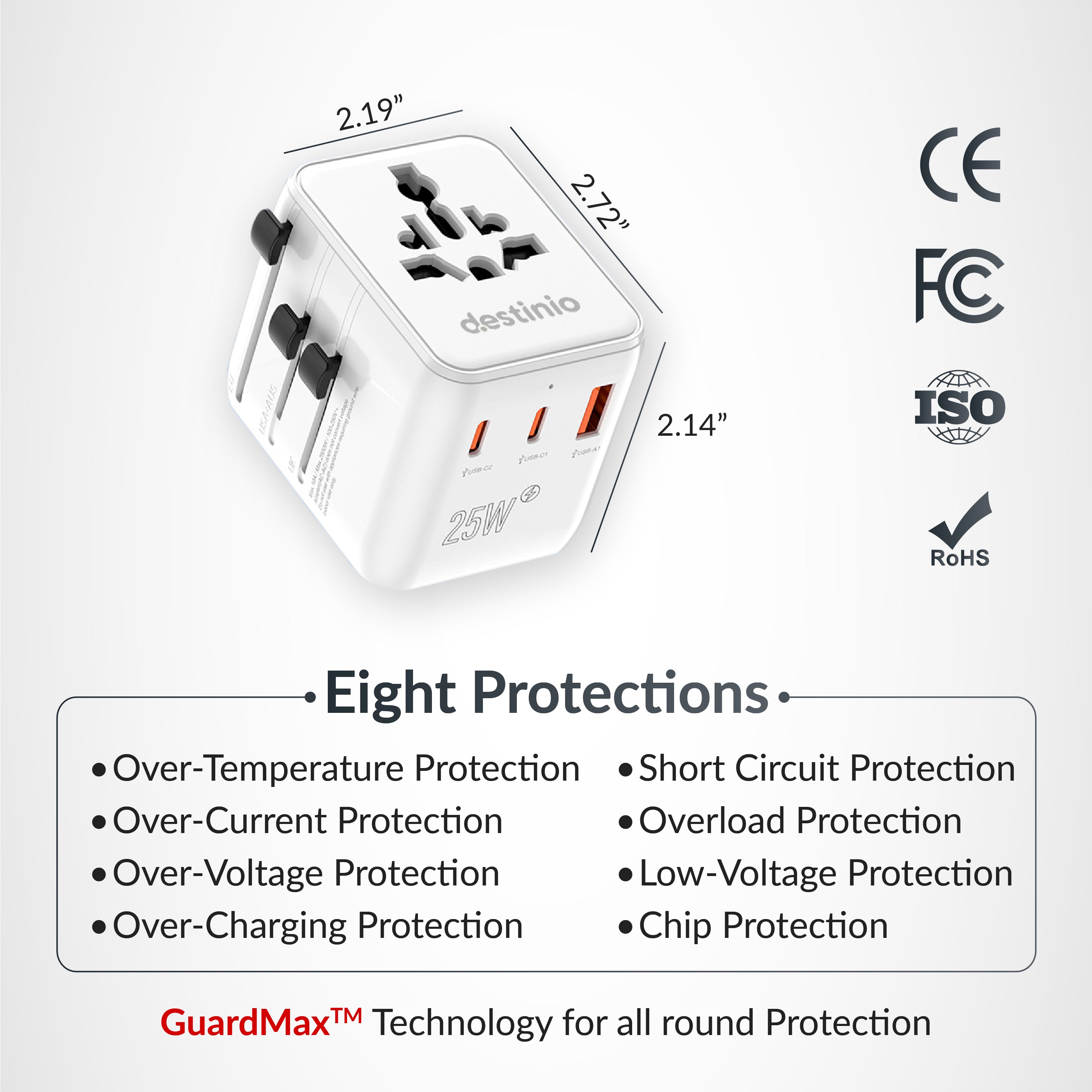 estinio Universal Travel Adapter - 6-in-1 Fast Charging International Charger with PD, Type C & 3 USB Ports - All-in-One for US, UK, Europe (25w - Type C)