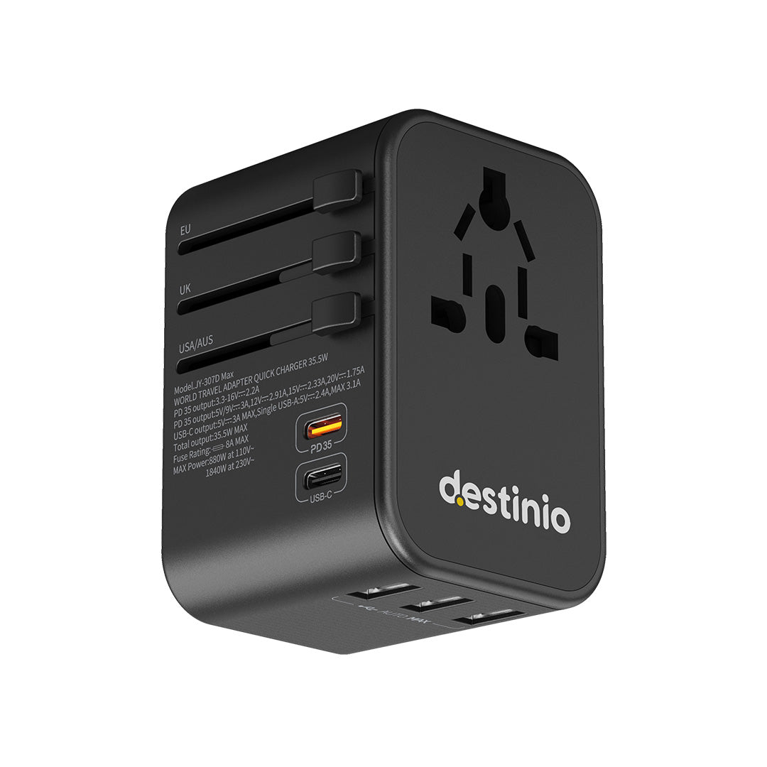 Destinio 5 USB Type C Adapter | Universal Travel Adapter, Smart Fast Charging, Safety Certified