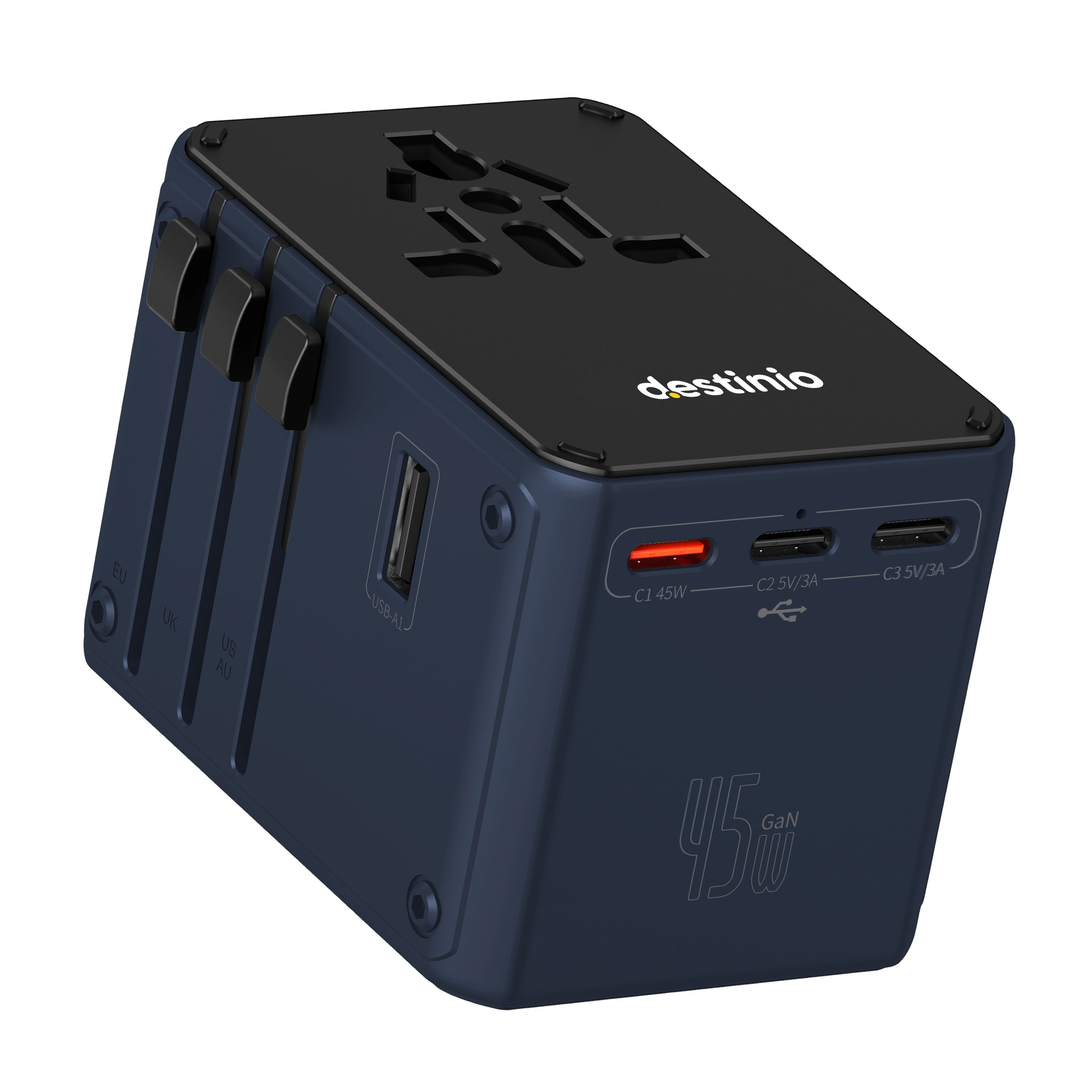 Destinio Universal Travel Adapter - 6-in-1 Fast Charging International Charger with PD, Type C & 3 USB Ports - All-in-One for US, UK, Europe (45W- Type C- (6 in 1) - Blue)