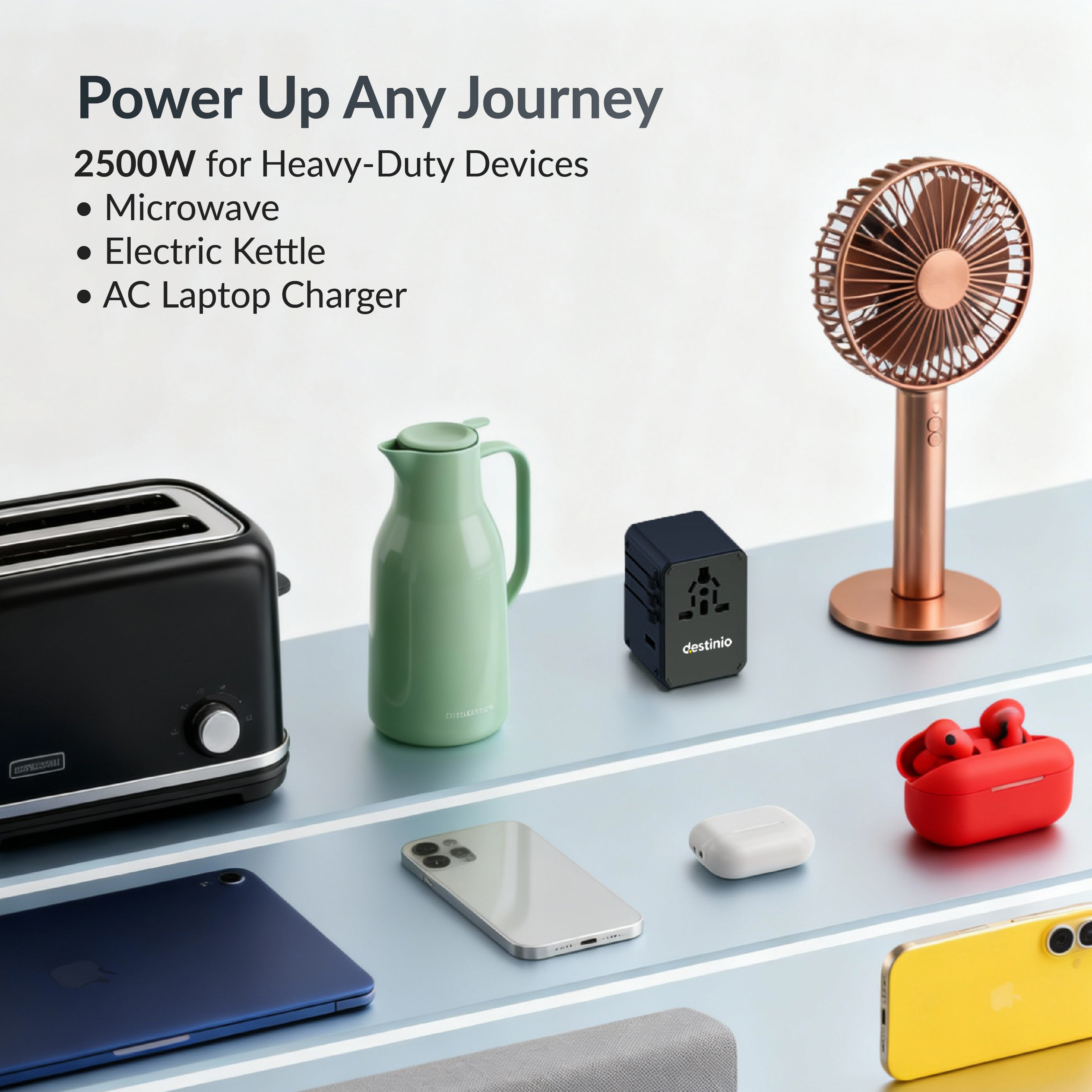Destinio Universal Travel Adapter - 6-in-1 Fast Charging International Charger with PD, Type C & 3 USB Ports - All-in-One for US, UK, Europe (45W- Type C- (6 in 1) - Blue)