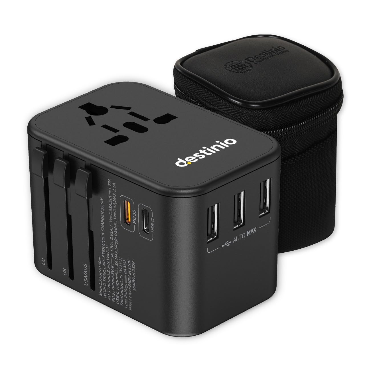 Destinio Universal Charger Adapter - 6-in-1 Fast Charging International Travel Adapter with PD, Type C & 3 USB Ports - All-in-One for US, UK, Europe - Type C Compatible (35 W - Yellow)