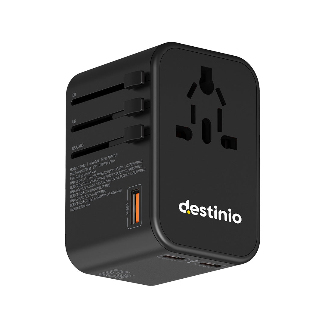 Destinio 65W Type C Adapter | Universal Travel Adapter, 3 USB Ports, Smart Fast Charging, Safety Certified