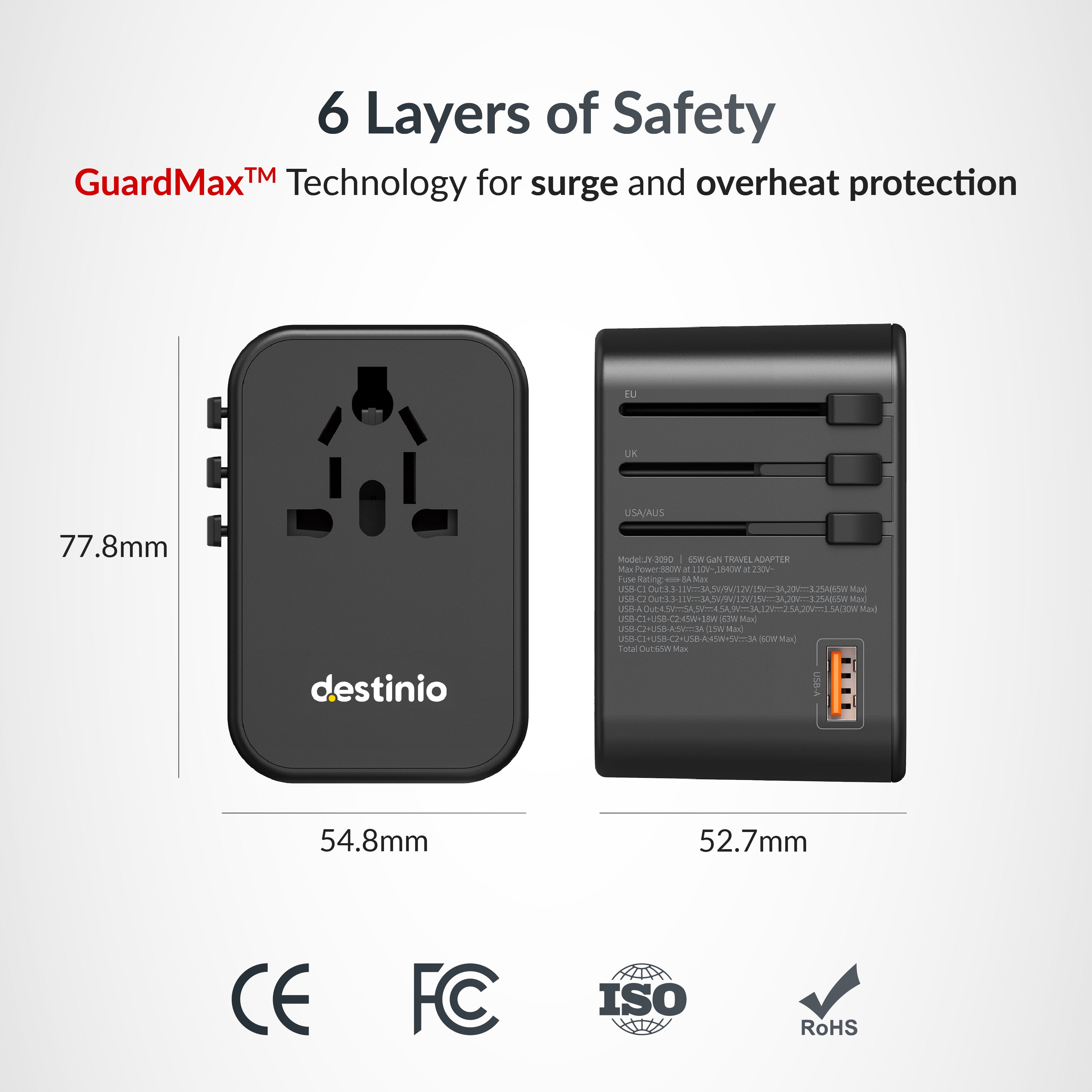 Destinio 65W Type C Adapter | Universal Travel Adapter, 3 USB Ports, Smart Fast Charging, Safety Certified