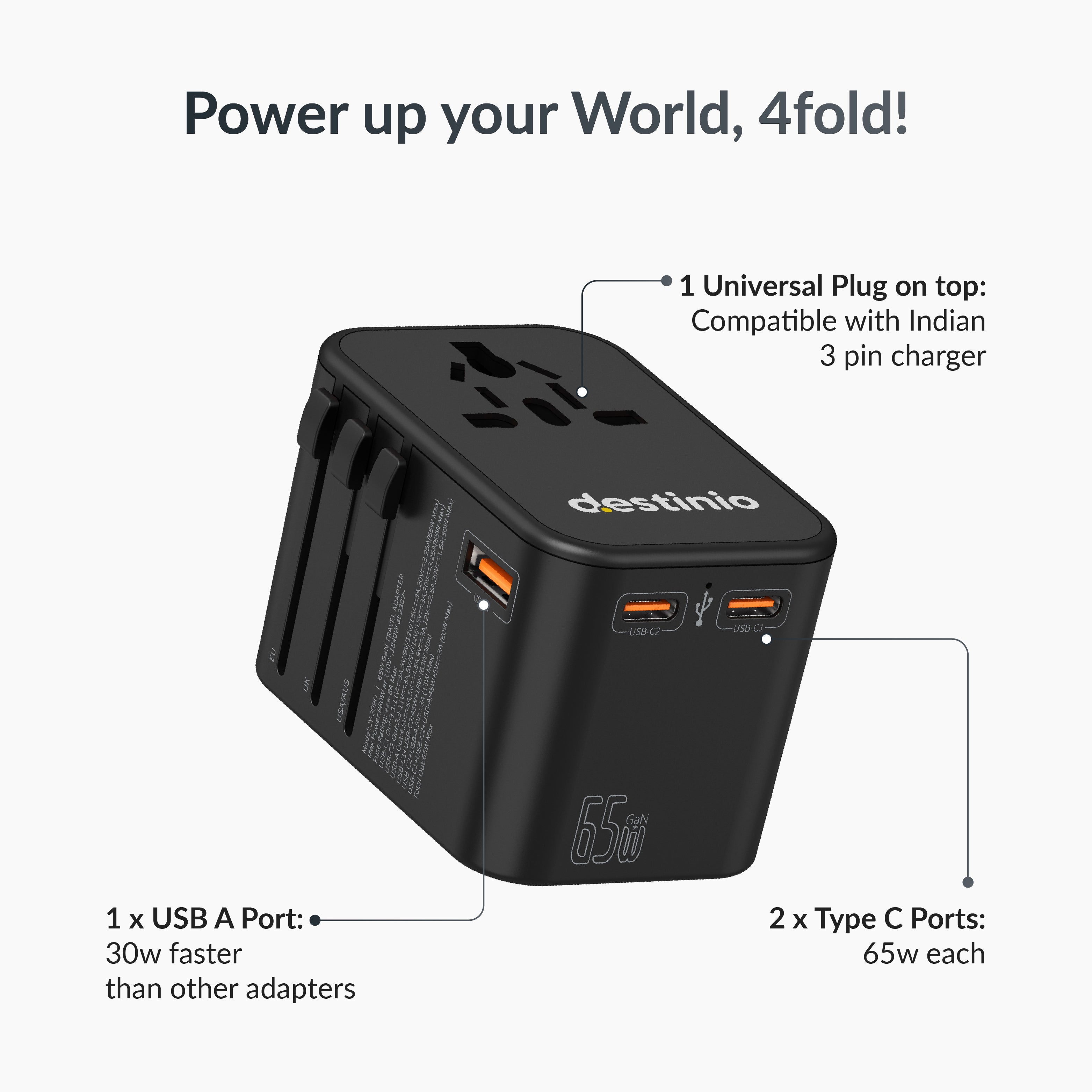 Destinio 65W Type C Adapter | Universal Travel Adapter, 3 USB Ports, Smart Fast Charging, Safety Certified