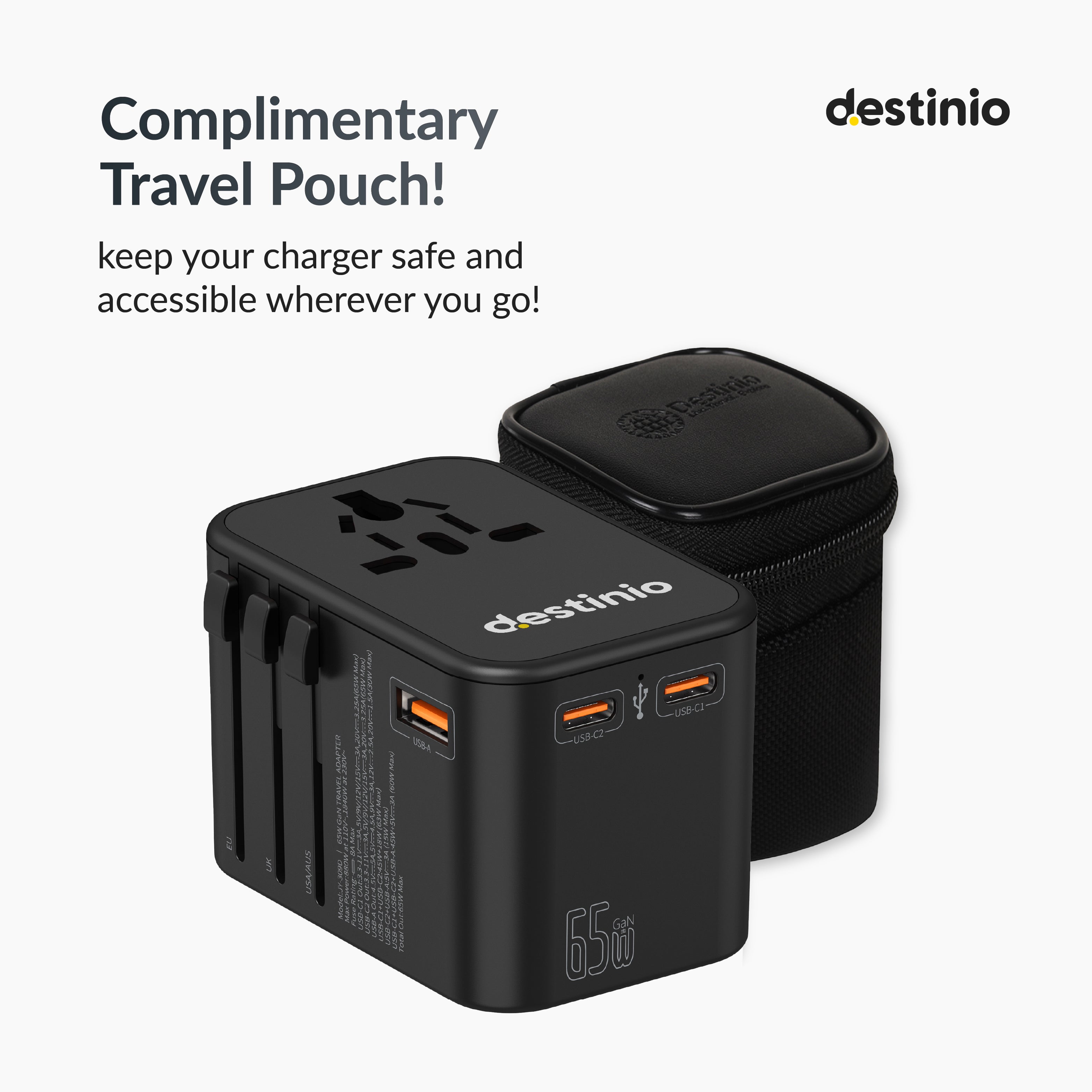 Destinio 65W Type C Adapter | Universal Travel Adapter, 3 USB Ports, Smart Fast Charging, Safety Certified