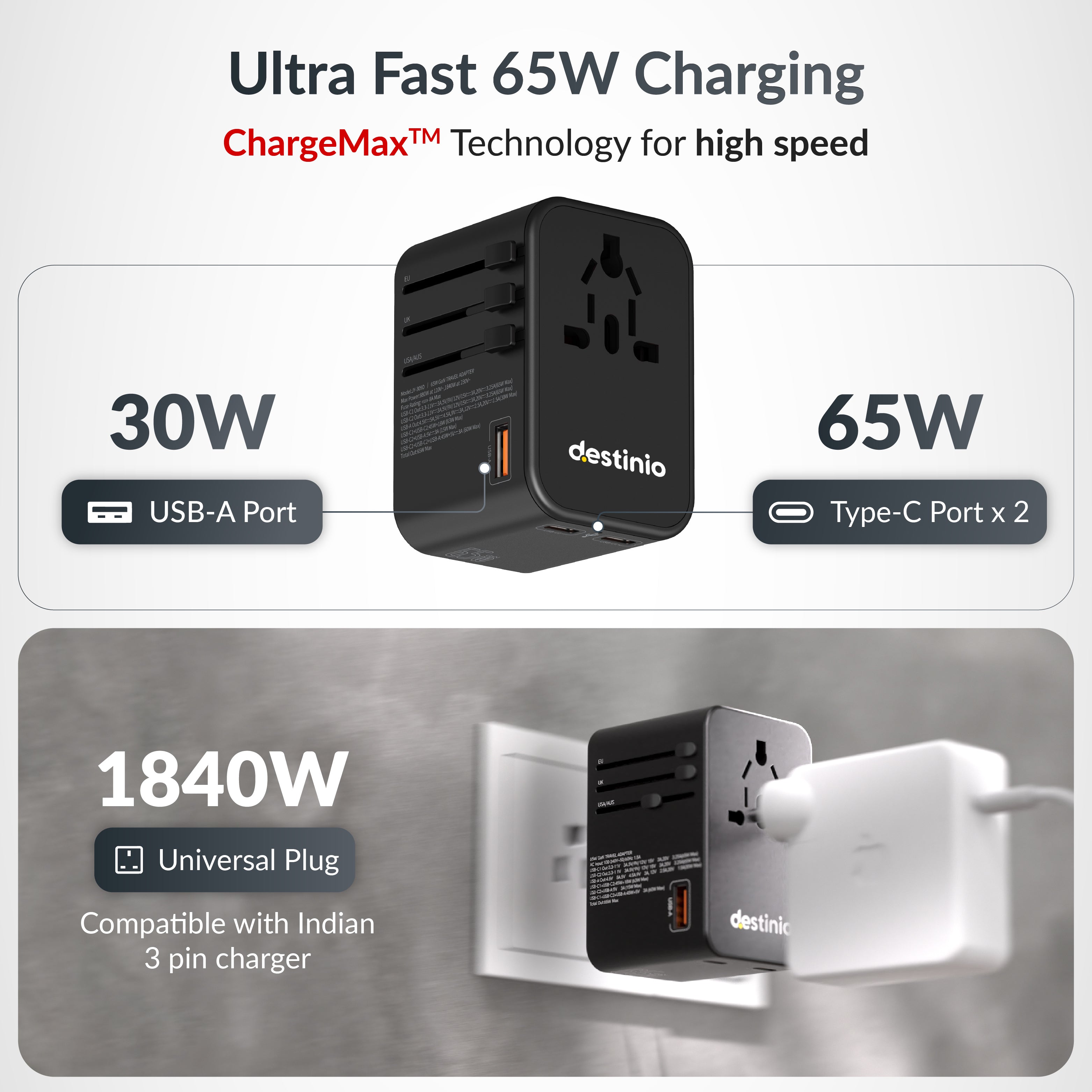 Destinio 65W Type C Adapter | Universal Travel Adapter, 3 USB Ports, Smart Fast Charging, Safety Certified