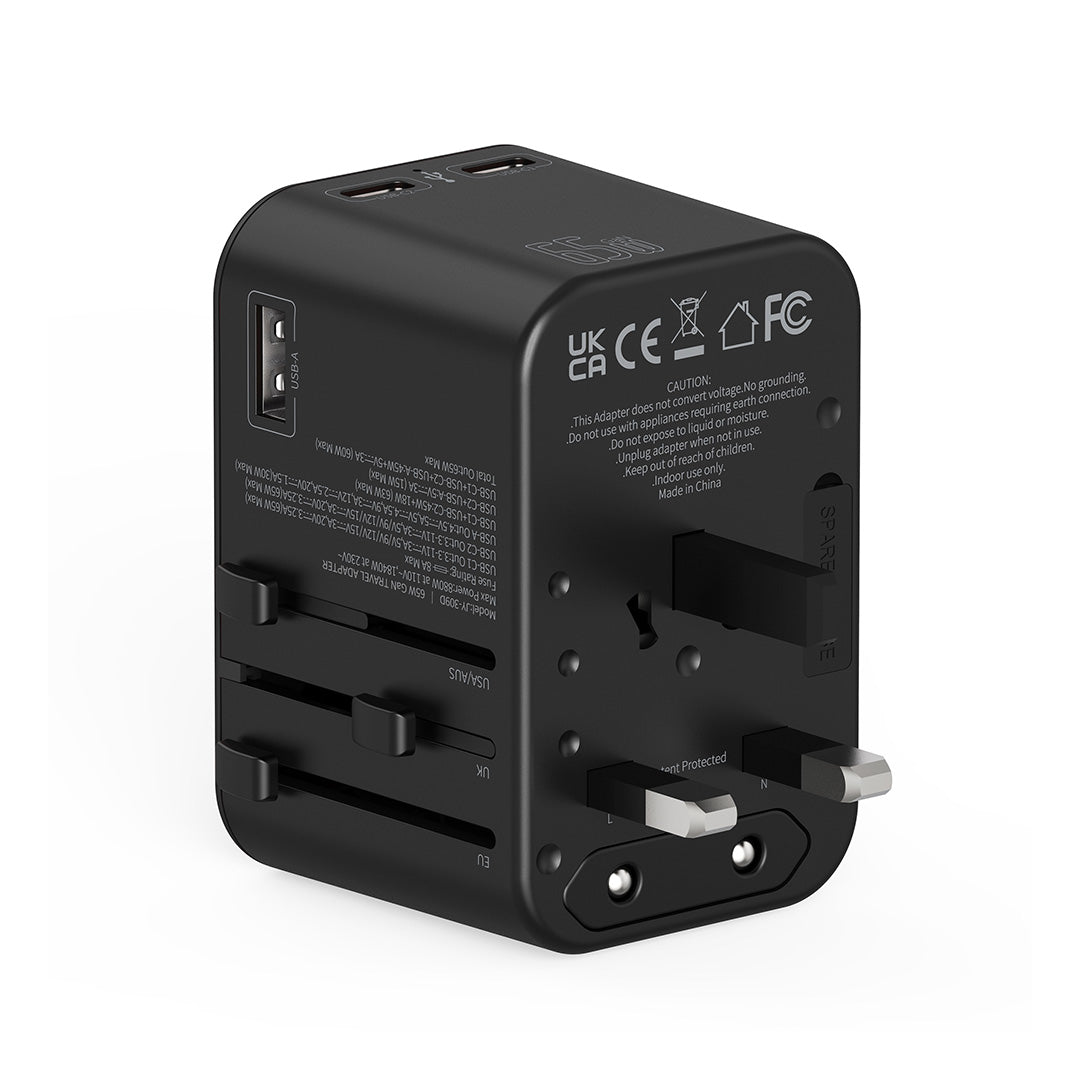 Destinio 65W Type C Adapter | Universal Travel Adapter, 3 USB Ports, Smart Fast Charging, Safety Certified