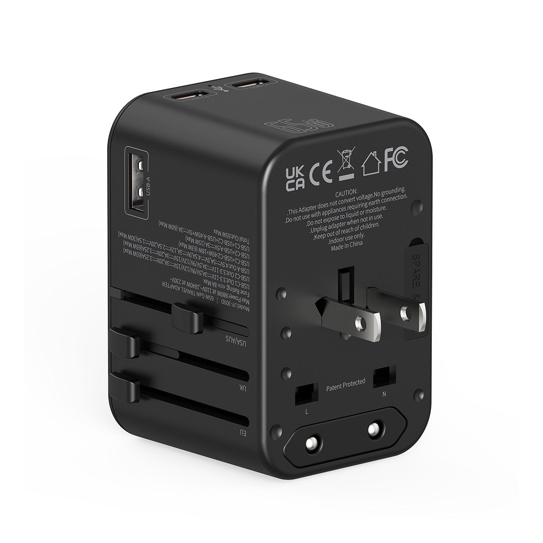 Destinio 65W Type C Adapter | Universal Travel Adapter, 3 USB Ports, Smart Fast Charging, Safety Certified