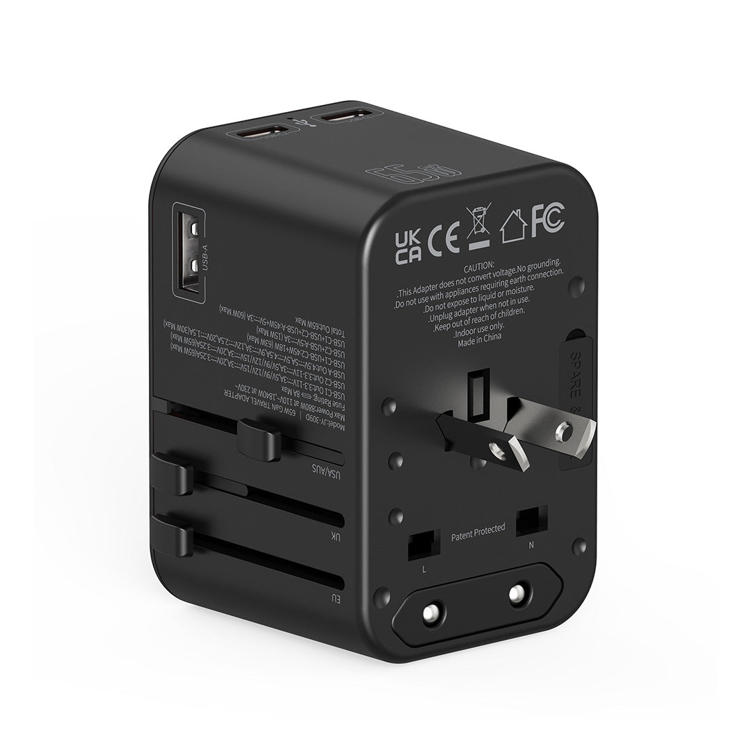 Destinio 65W Type C Adapter | Universal Travel Adapter, 3 USB Ports, Smart Fast Charging, Safety Certified
