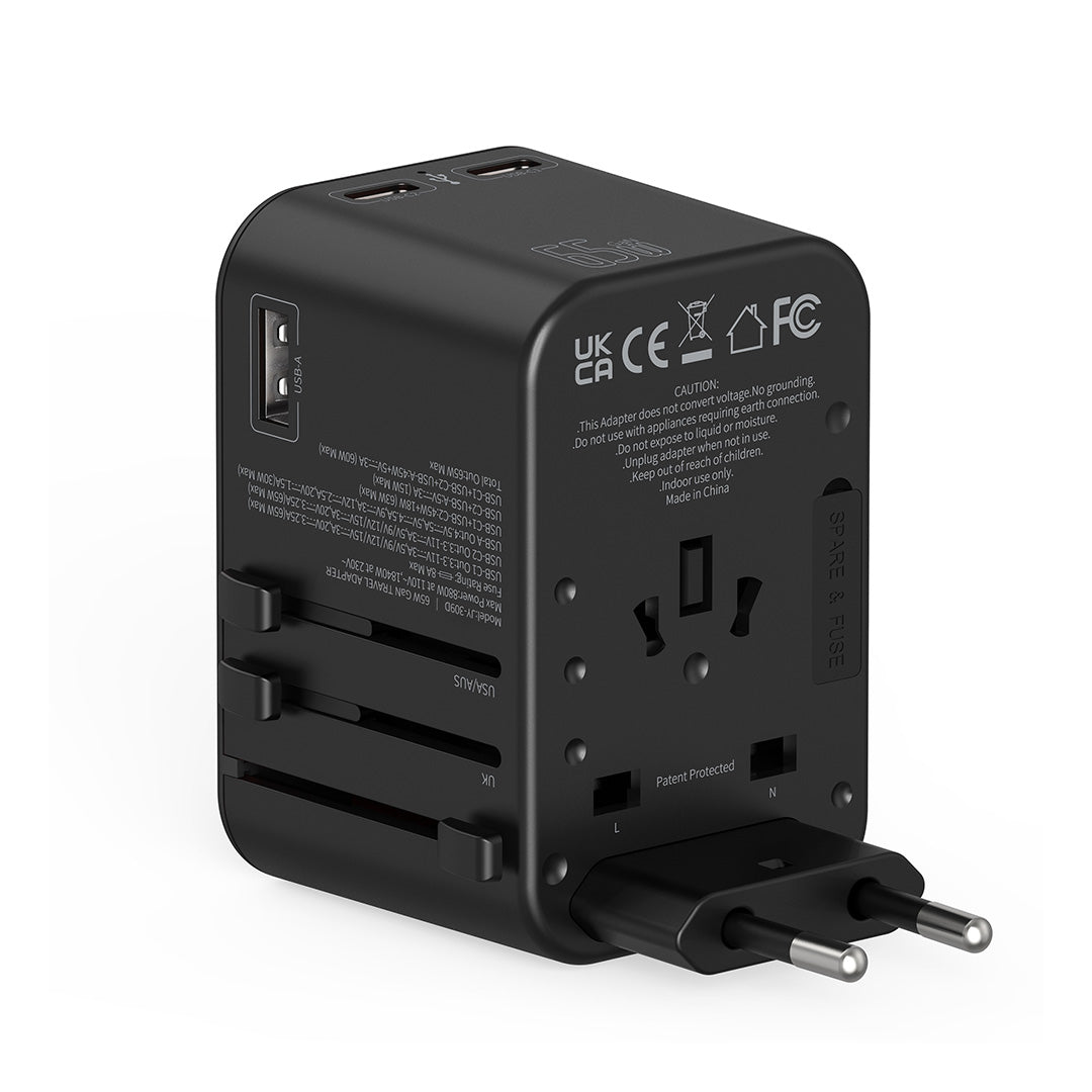 Destinio 65W Type C Adapter | Universal Travel Adapter, 3 USB Ports, Smart Fast Charging, Safety Certified