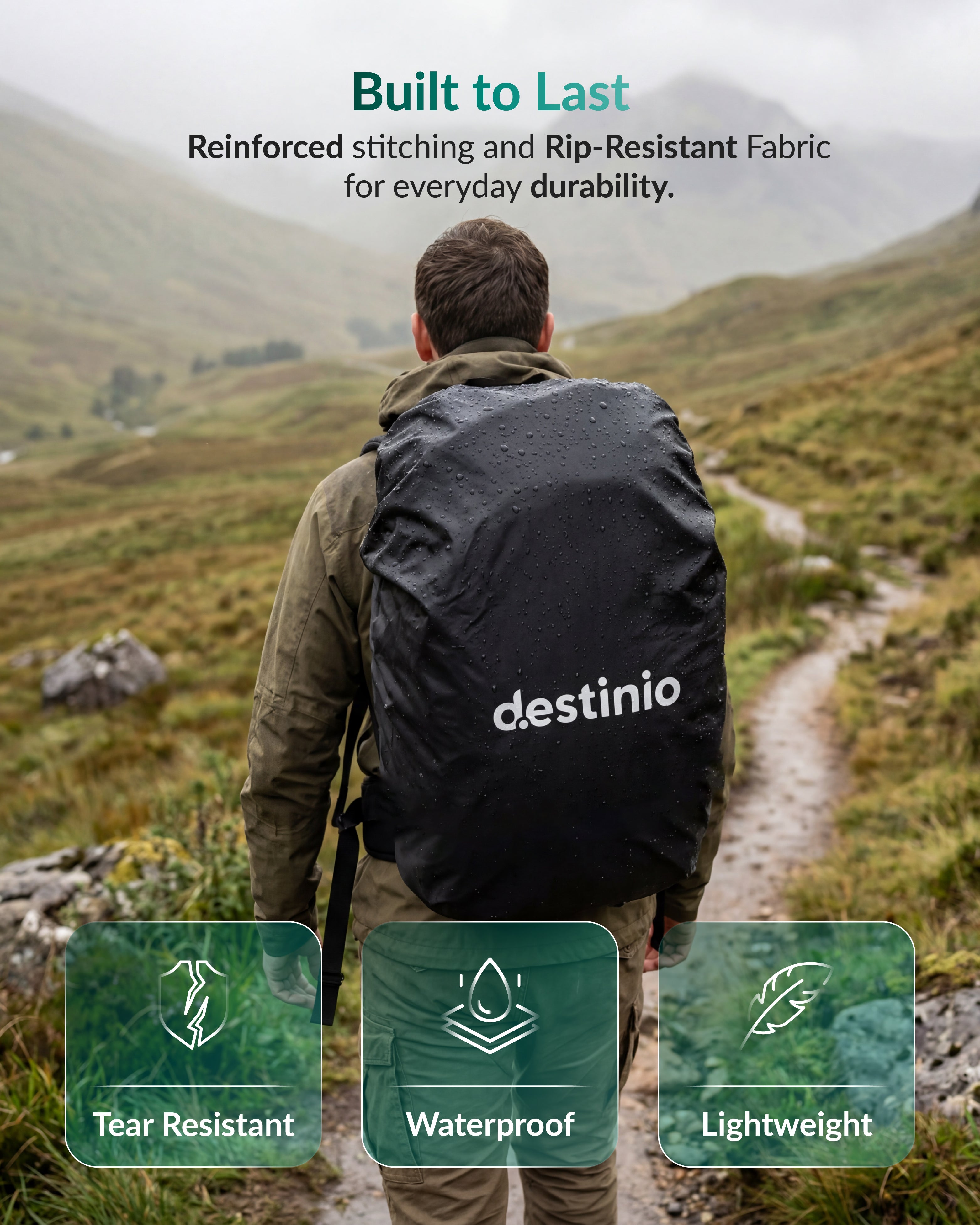 Destinio Waterproof Backpack Rain Cover – Travel Essential for Bags, PU Coated Heavy Duty Protection, Dustproof & Windproof, Universal Fit for All Backpack Durable Bag Cover (Black - 20L to 75L)