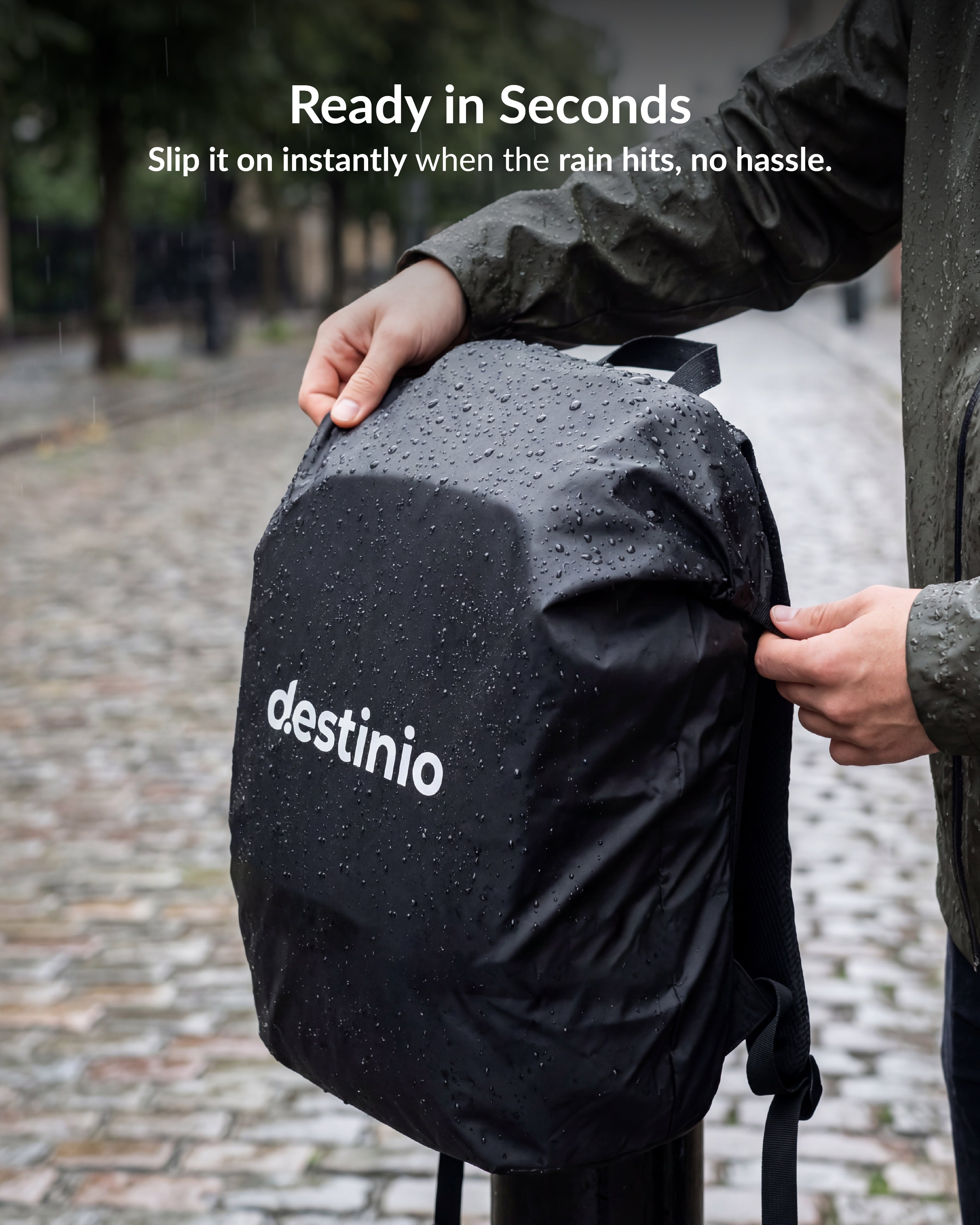 Destinio Waterproof Backpack Rain Cover – Travel Essential for Bags, PU Coated Heavy Duty Protection, Dustproof & Windproof, Universal Fit for All Backpack Durable Bag Cover (Black - 20L to 75L)
