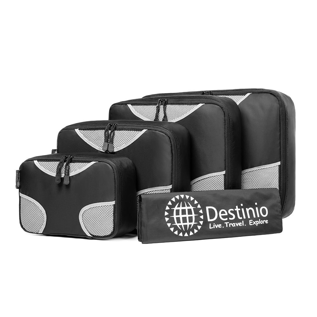 Destinio Travel Packing Cubes, 5 Pc Set, Grey/ Black/ Blue, Polyester Fabric