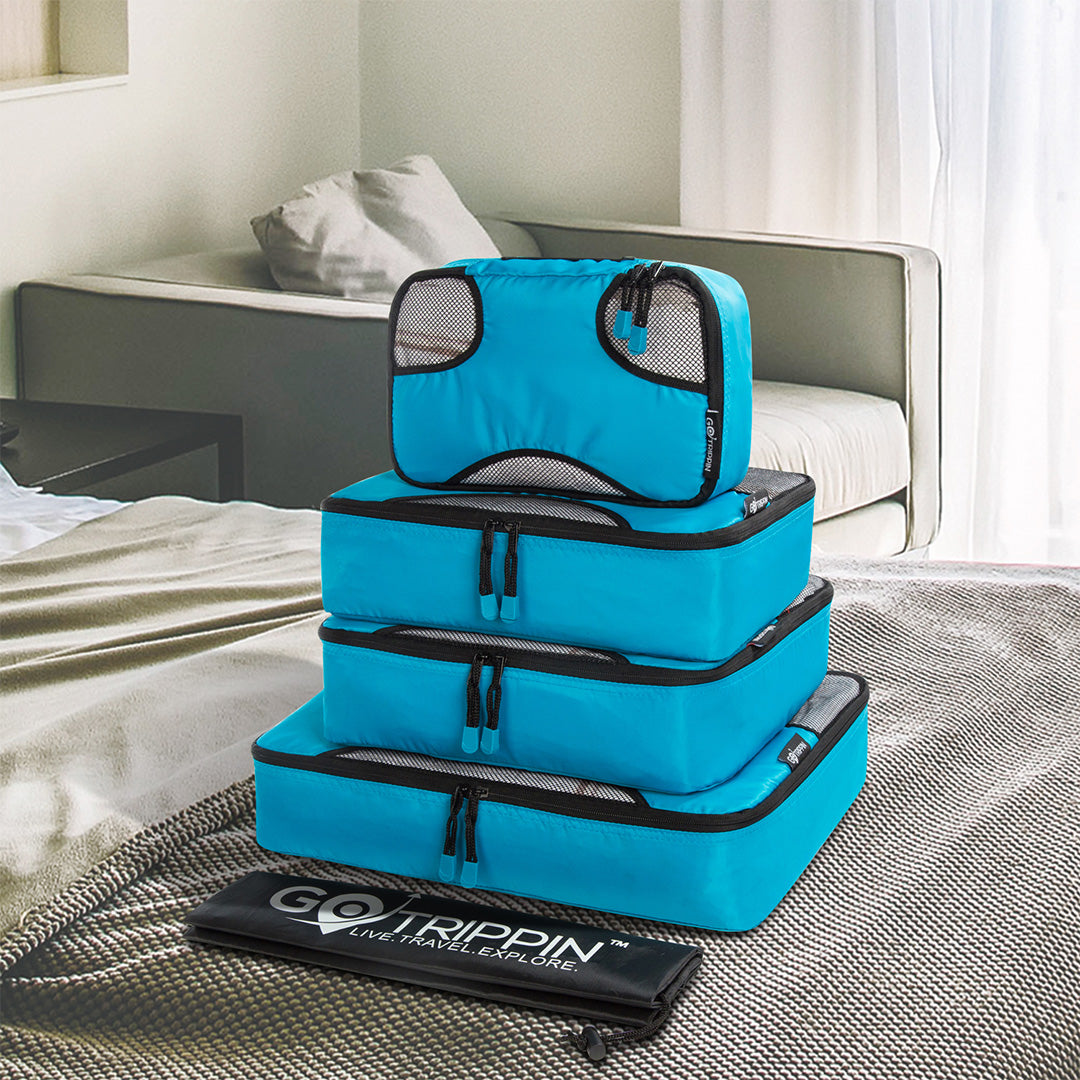 Destinio Travel Packing Cubes, 5 Pc Set, Grey/ Black/ Blue, Polyester Fabric