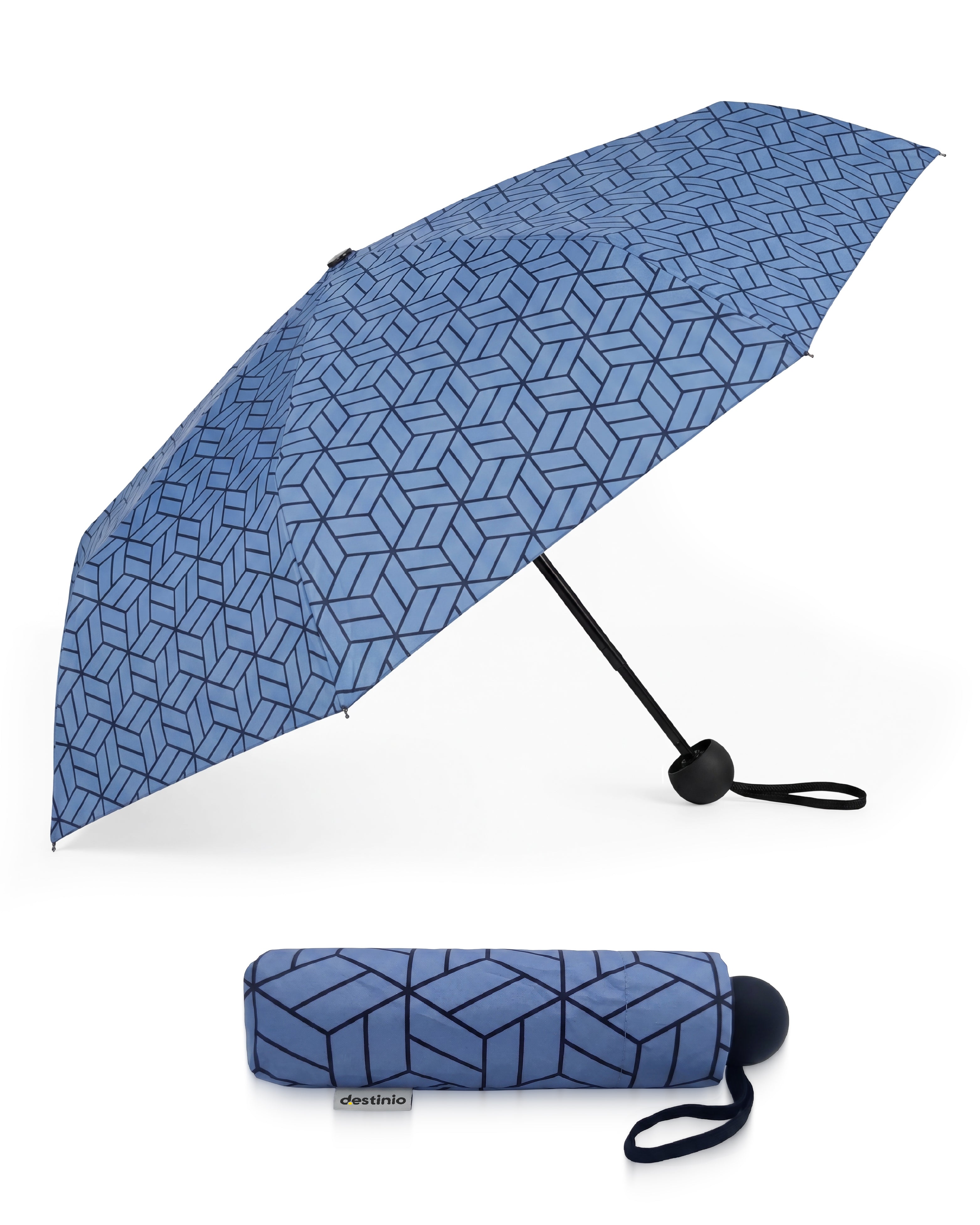 Destinio Capsule Umbrella, 5 Fold Manual Open 19 Inch Small Umbrella for Women and Men with UV Coating for Sun Protection, Foldable Mini Umbrellas for Rain and Sun (Navy Blue Printed)