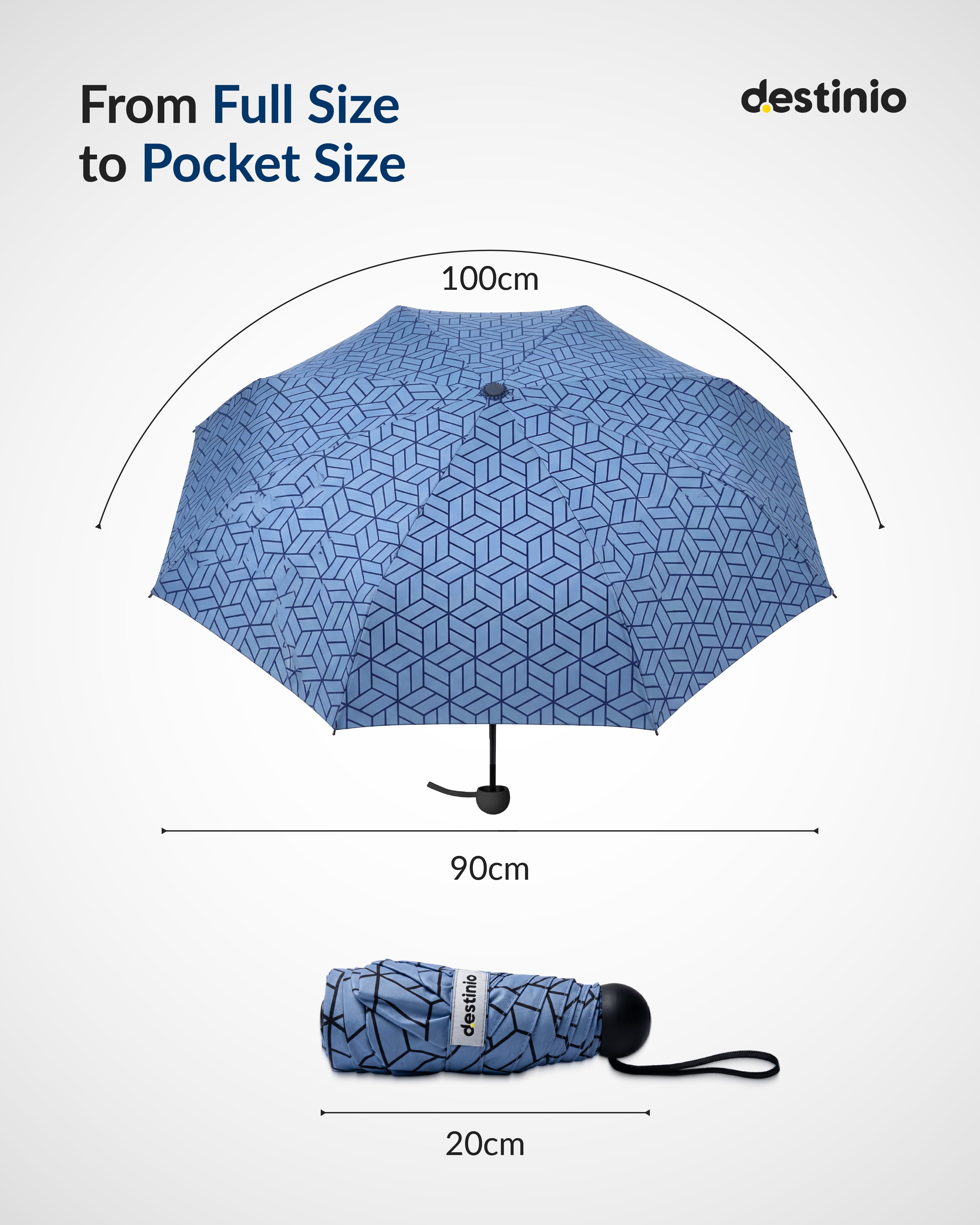 Destinio Capsule Umbrella, 5 Fold Manual Open 19 Inch Small Umbrella for Women and Men with UV Coating for Sun Protection, Foldable Mini Umbrellas for Rain and Sun (Navy Blue Printed)