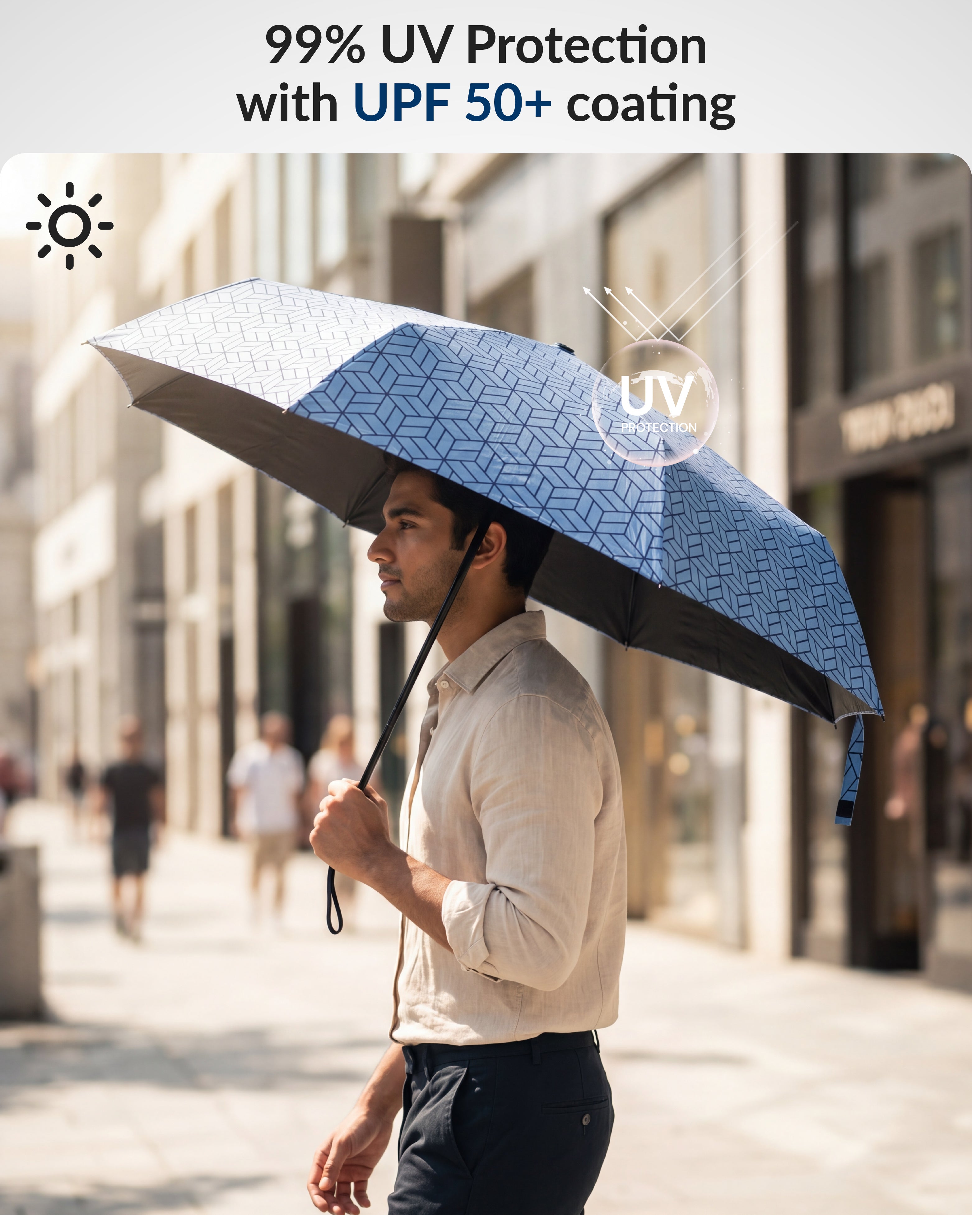 Destinio Capsule Umbrella, 5 Fold Manual Open 19 Inch Small Umbrella for Women and Men with UV Coating for Sun Protection, Foldable Mini Umbrellas for Rain and Sun (Navy Blue Printed)