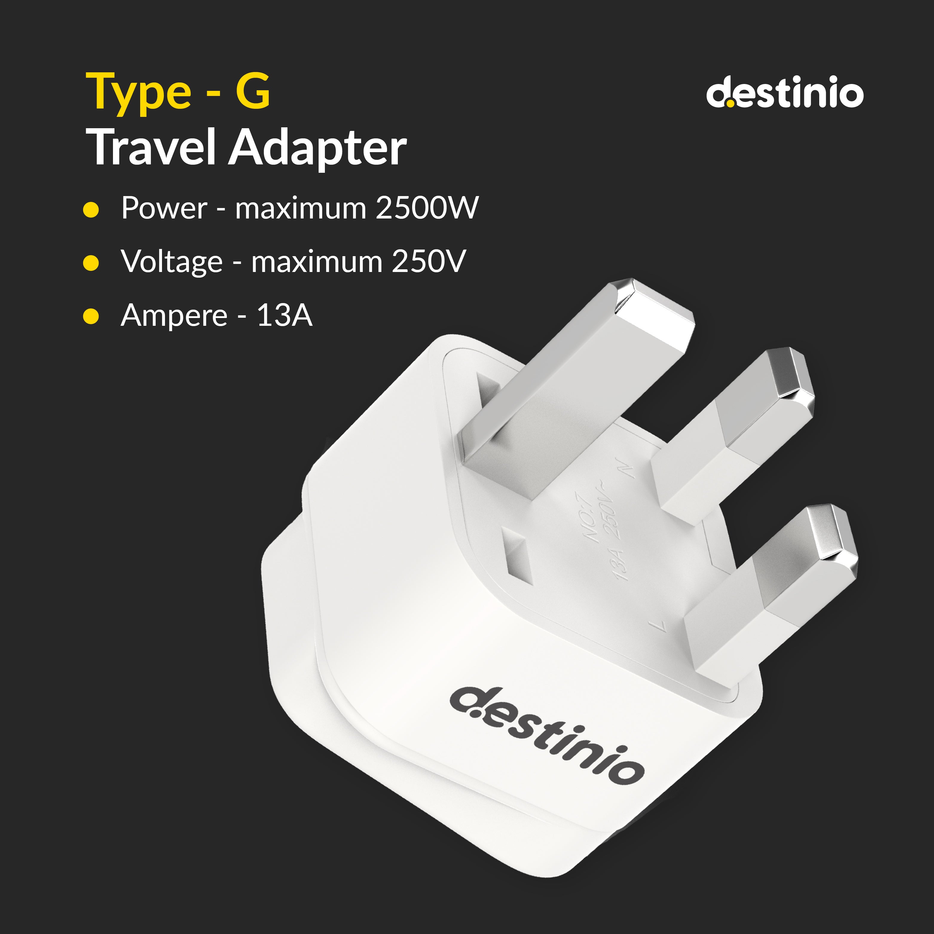 Destinio Type G Travel Adapter | UK Plug Adapter for India to UK, UAE, Singapore & More | Universal Socket, 13A 250V 2500W| International Travel Plug Adapter | CE & RoHS Certified (Pack of 3)