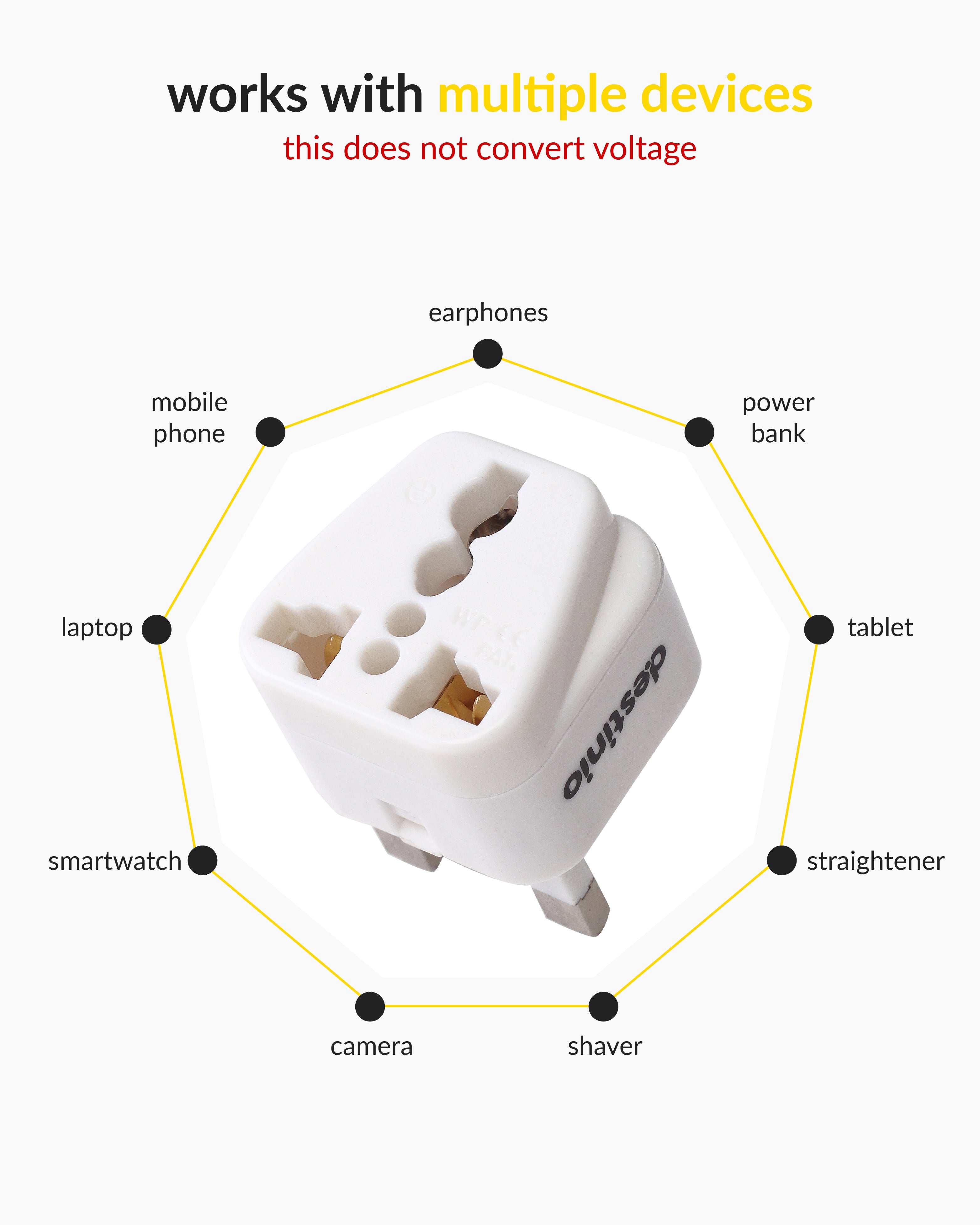 Destinio Multi Adapter Type G UK | Universal Compatibility, Dual Device Charging, Safety Certified