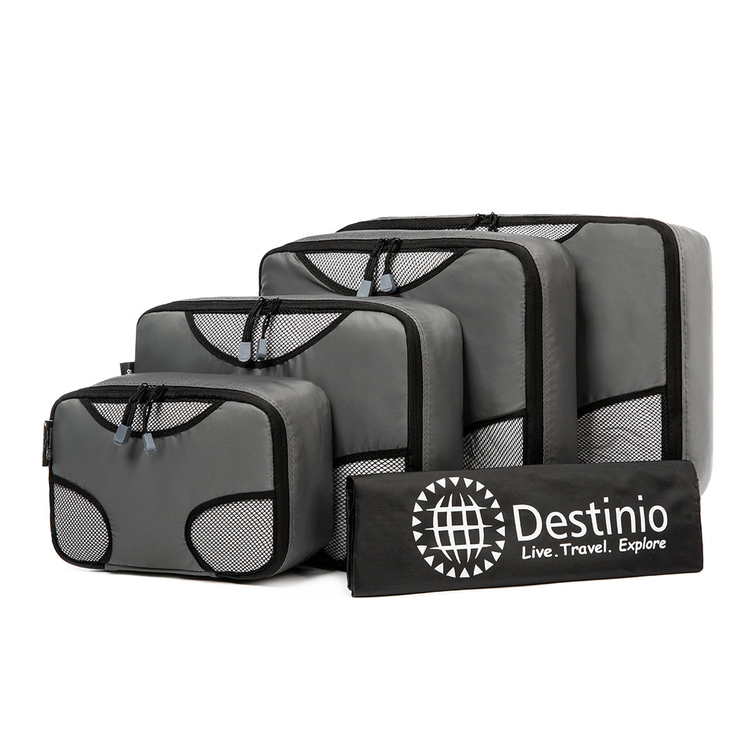 Destinio Travel Packing Cubes, 5 Pc Set, Grey/ Black/ Blue, Polyester Fabric