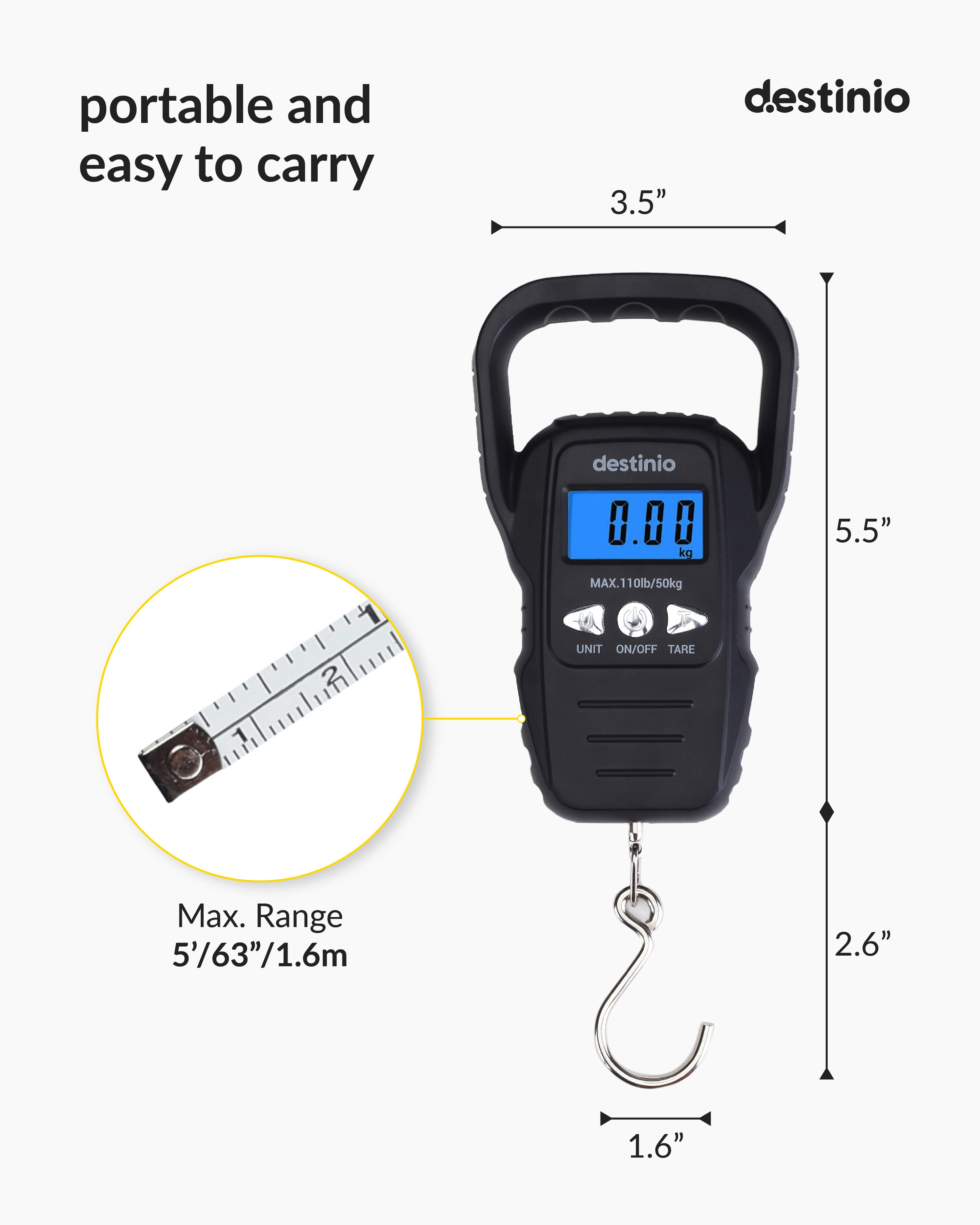 Destinio Hanging Weight Machine 50kg - Portable Digital Weighing Scale for Luggage, Gas Cylinder & Travel, Wide Soft Handle, Measuring Tape Included, Weighing Scale for Luggage Bags & Suitcase, Black