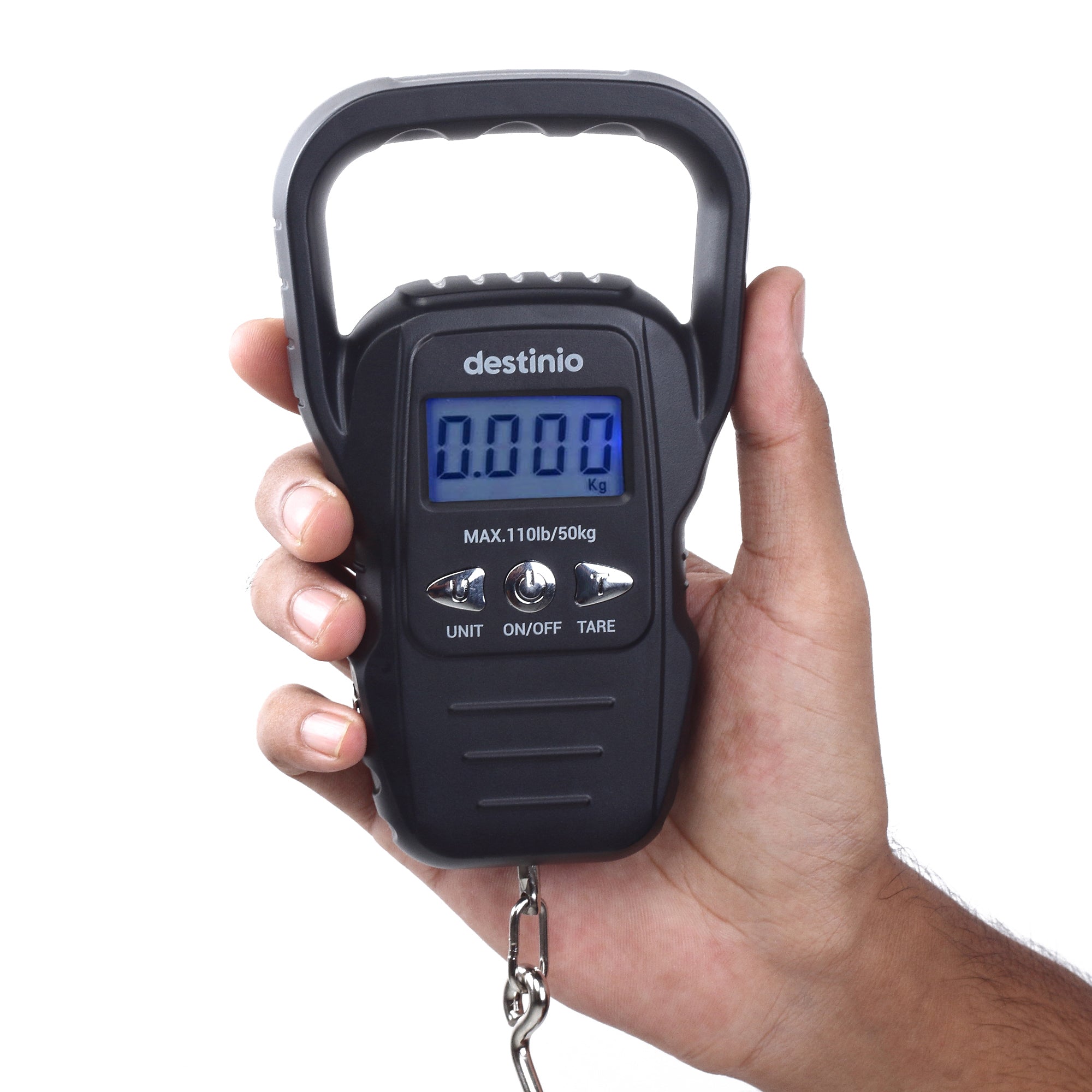 Destinio Hanging Weight Machine 50kg - Portable Digital Weighing Scale for Luggage, Gas Cylinder & Travel, Wide Soft Handle, Measuring Tape Included, Weighing Scale for Luggage Bags & Suitcase, Black