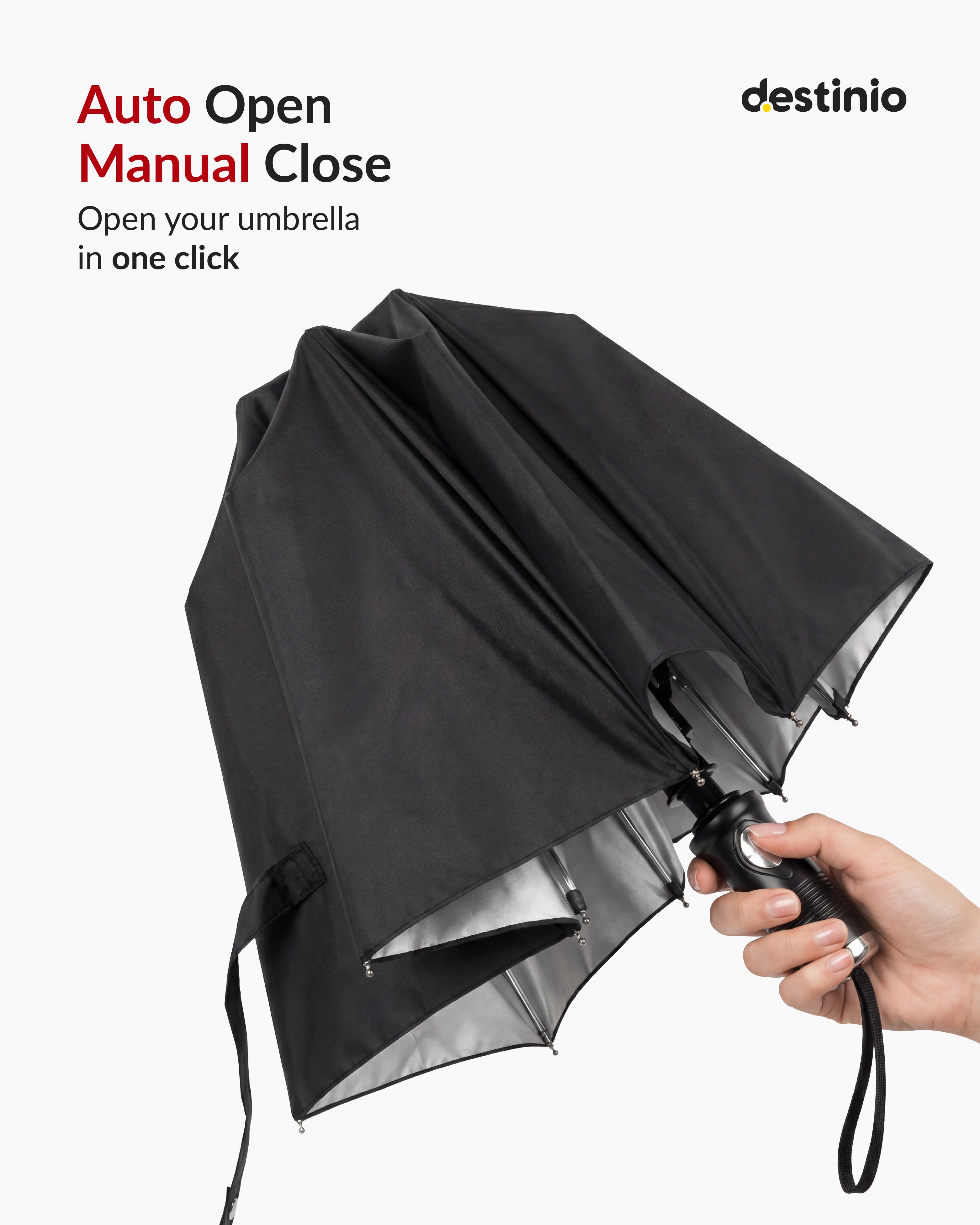 Destinio Umbrella for Man - Large Size, Fully Automatic, Windproof Fibreglass Ribs, UPF 50+ Sun Protection, Premium 210T Pongee, Foldable Umbrella for Rain with Travel Cover for Men and Women - 3 fold Compact Easy to Carry (Auto open auto close)