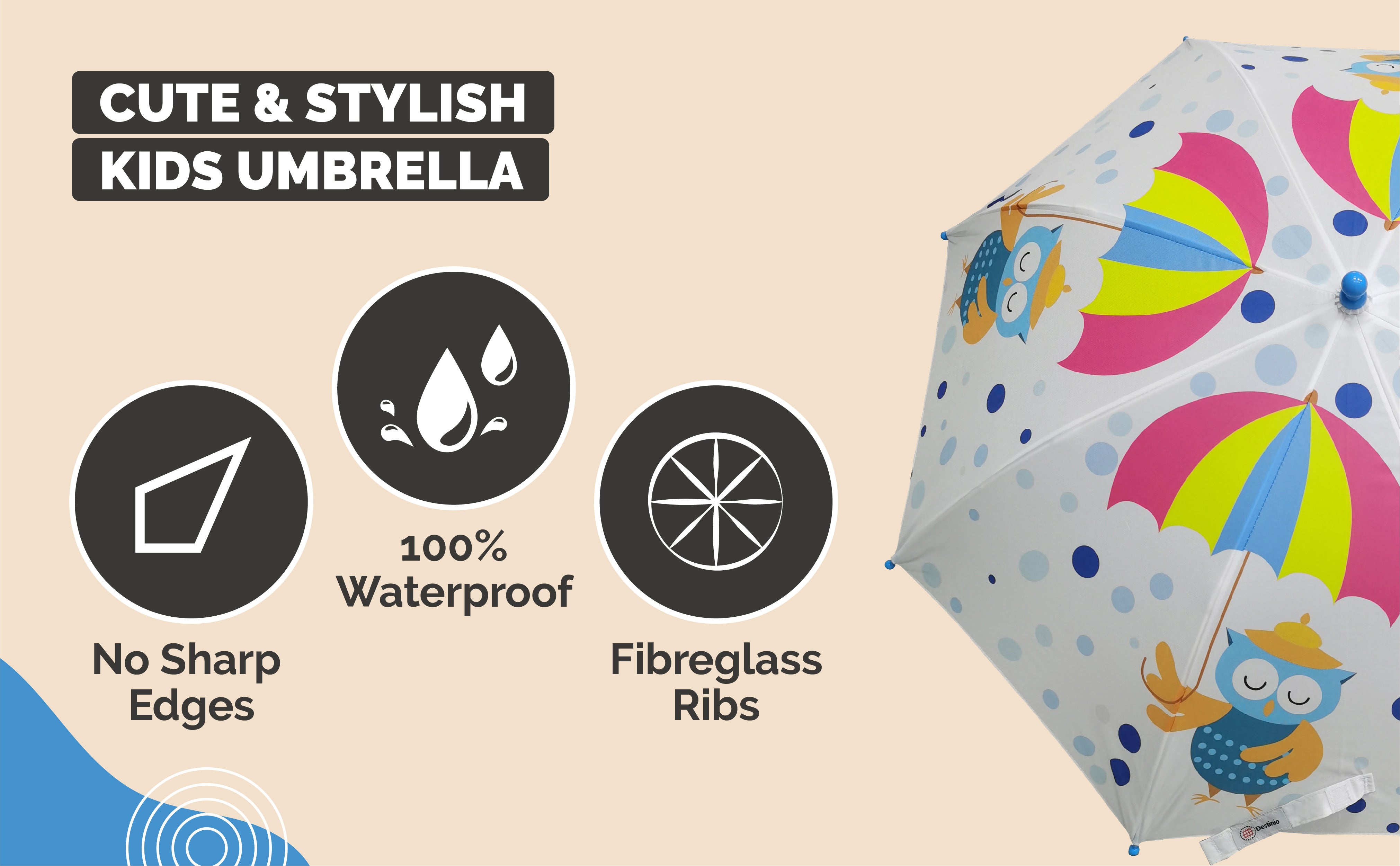 Destinio Umbrella for Kids; Stylish & Cute, Child Safe, 100% Waterproof; Kids Umbrella for Girls, Boys and Baby