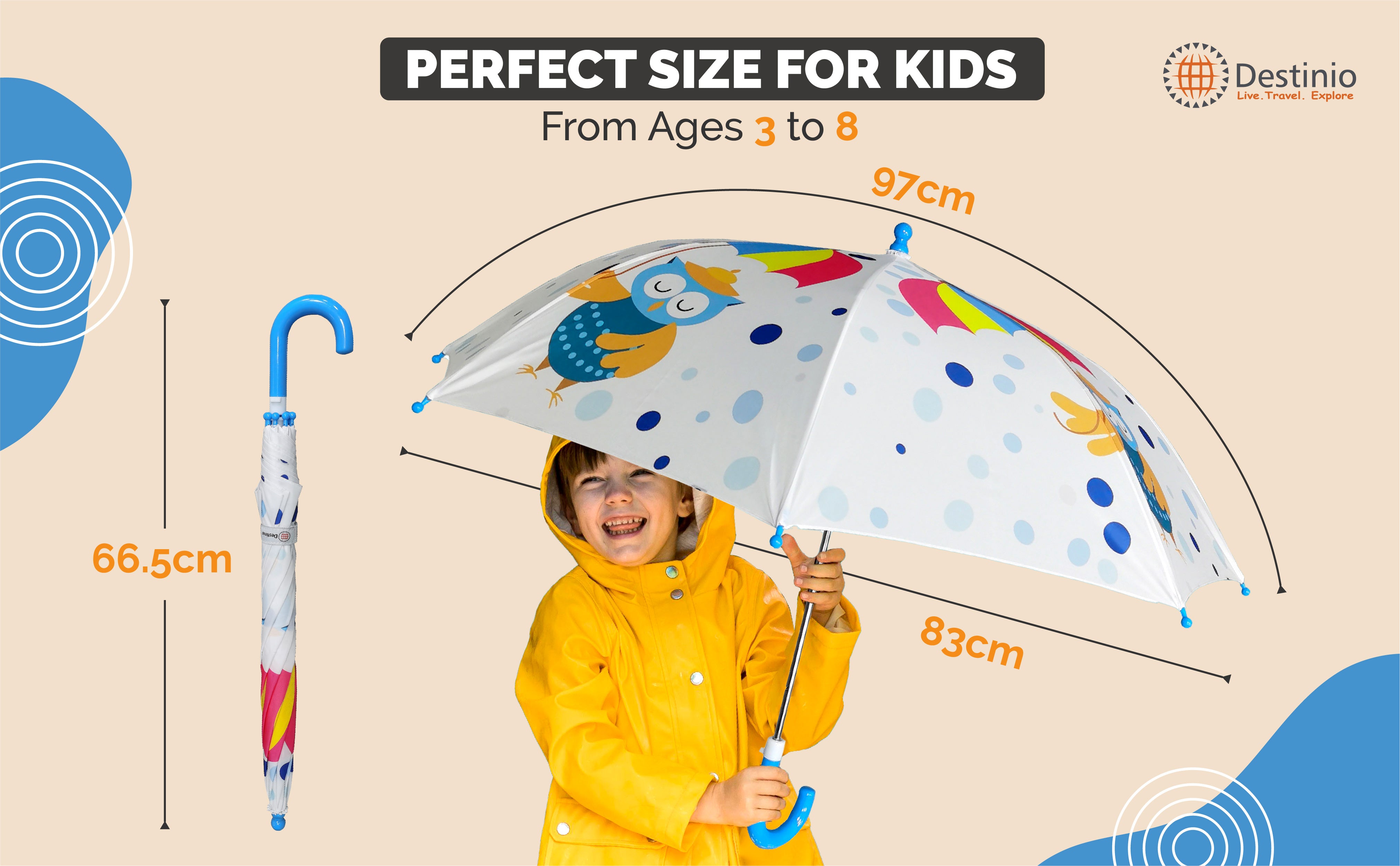 Destinio Umbrella for Kids; Stylish & Cute, Child Safe, 100% Waterproof; Kids Umbrella for Girls, Boys and Baby