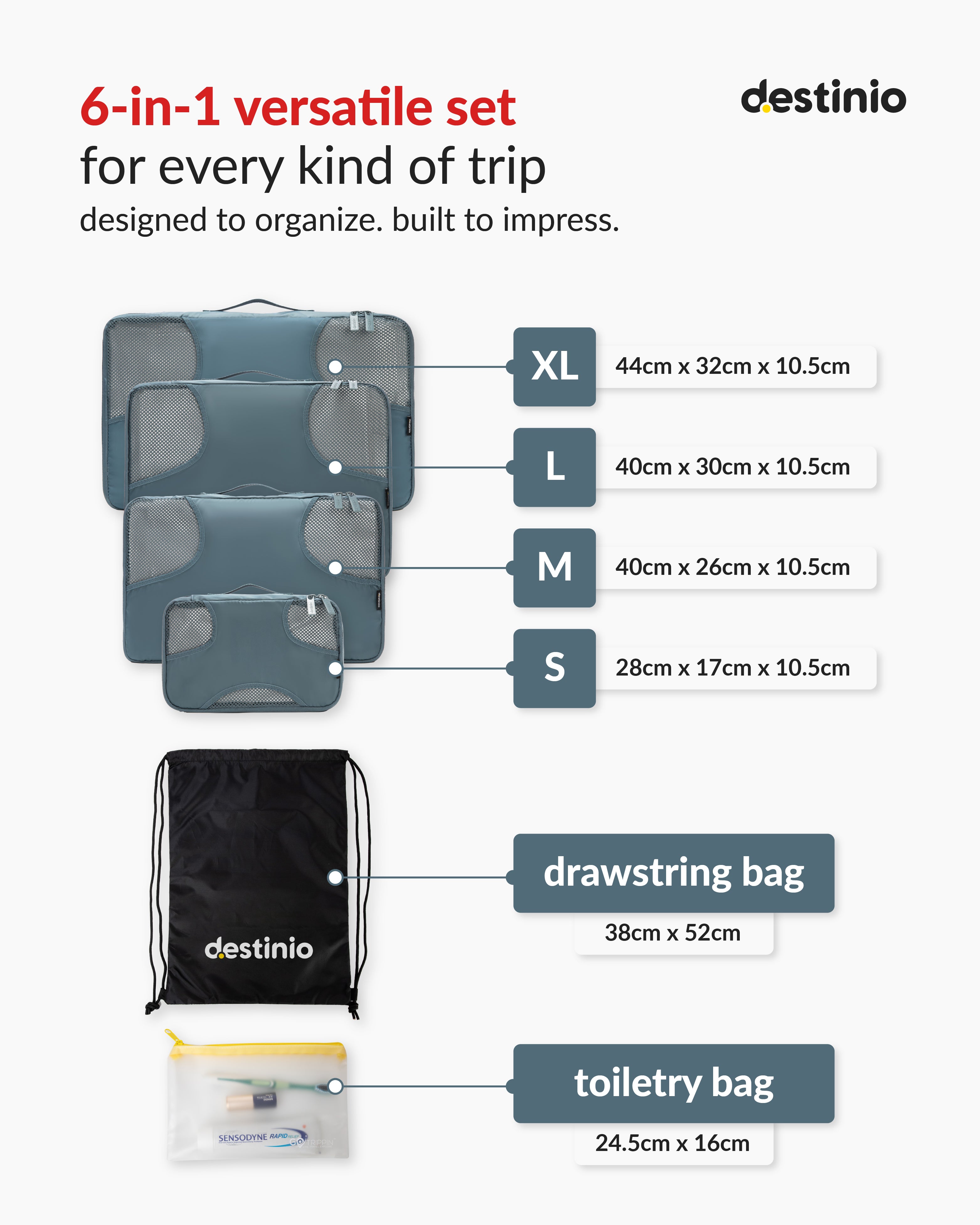 Destinio Packing Cubes - 6 piece set (Cross Mesh)