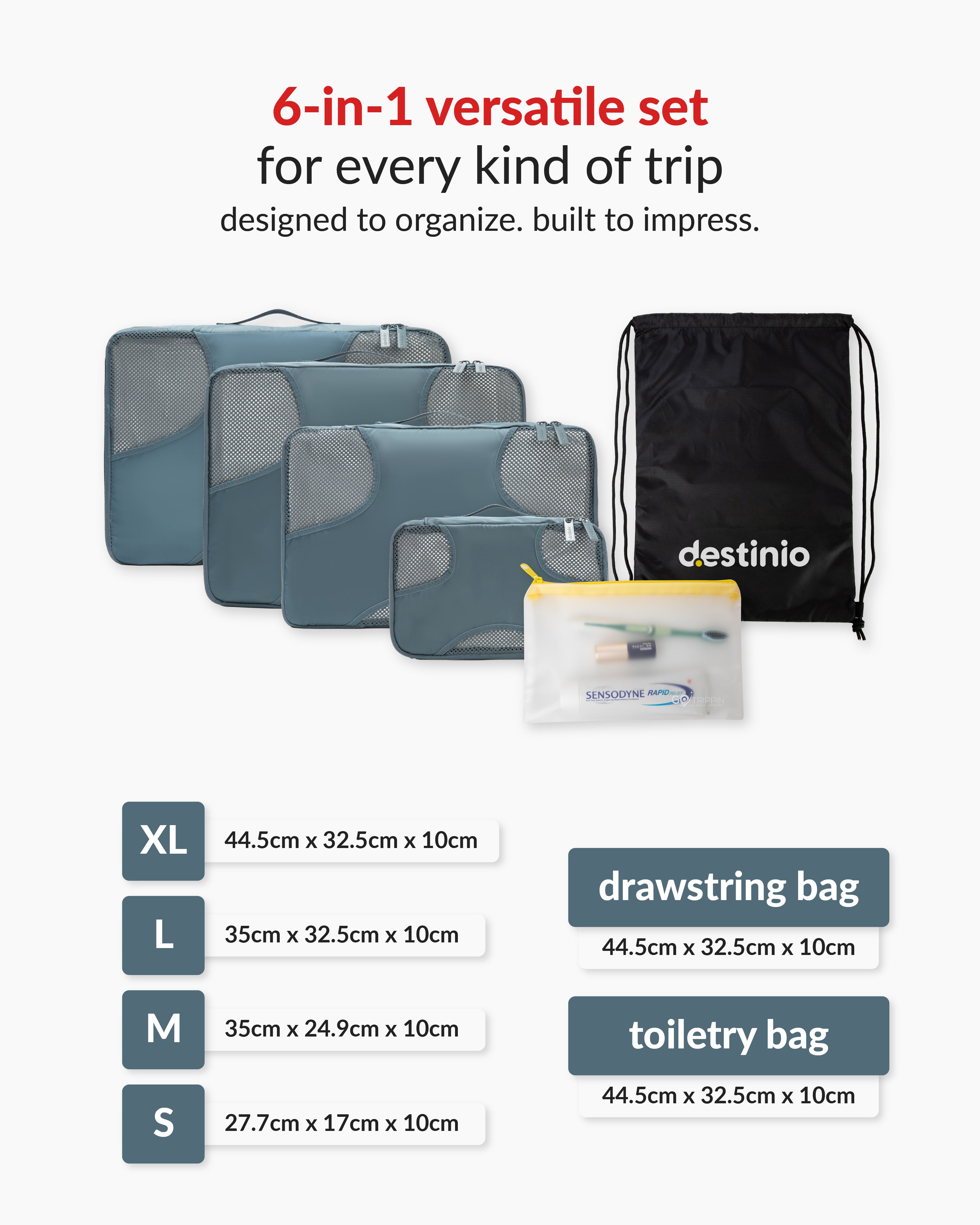Destinio Packing Cubes - 6 piece set (Cross Mesh)