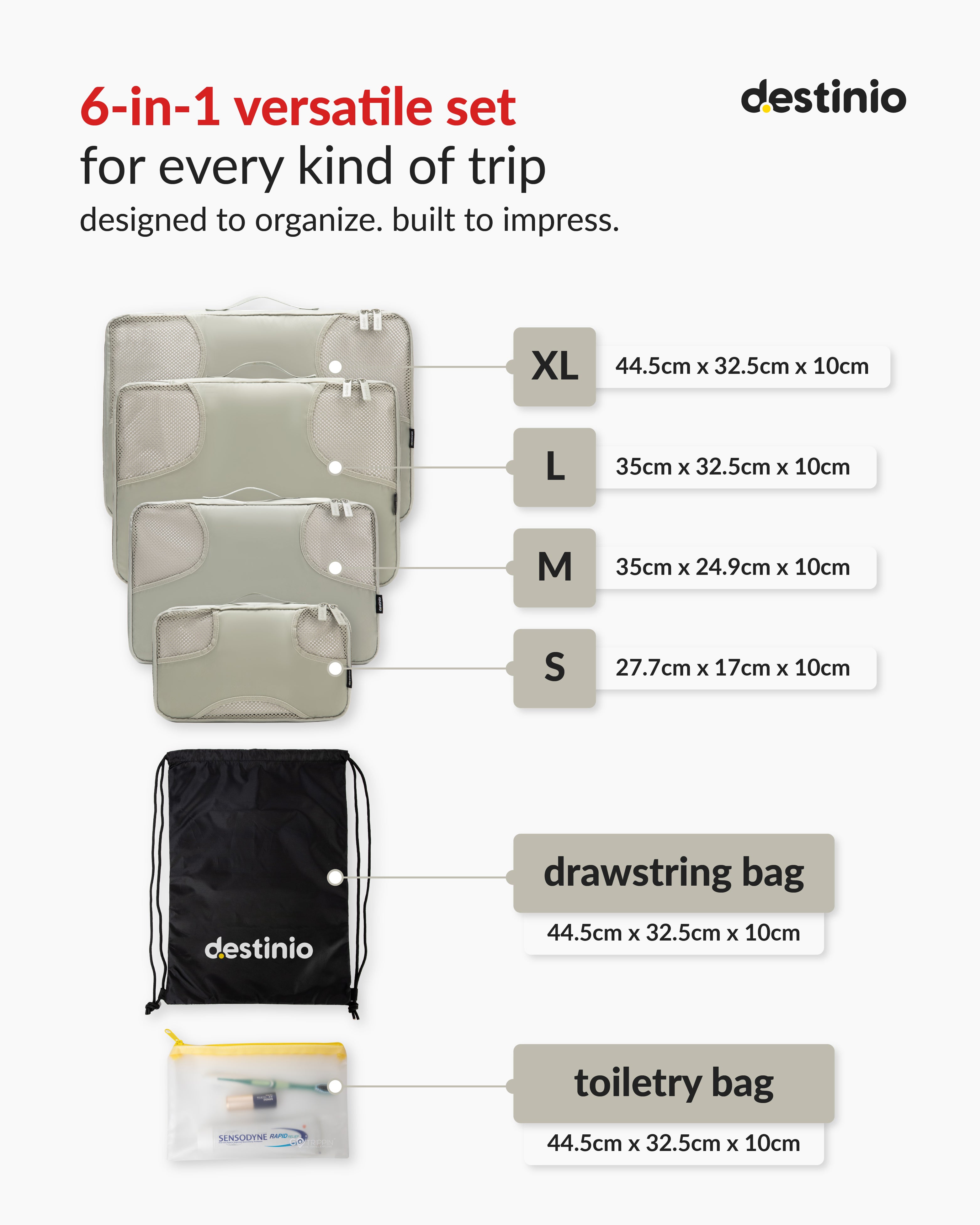 Destinio Packing Cubes - 6 piece set (Cross Mesh)