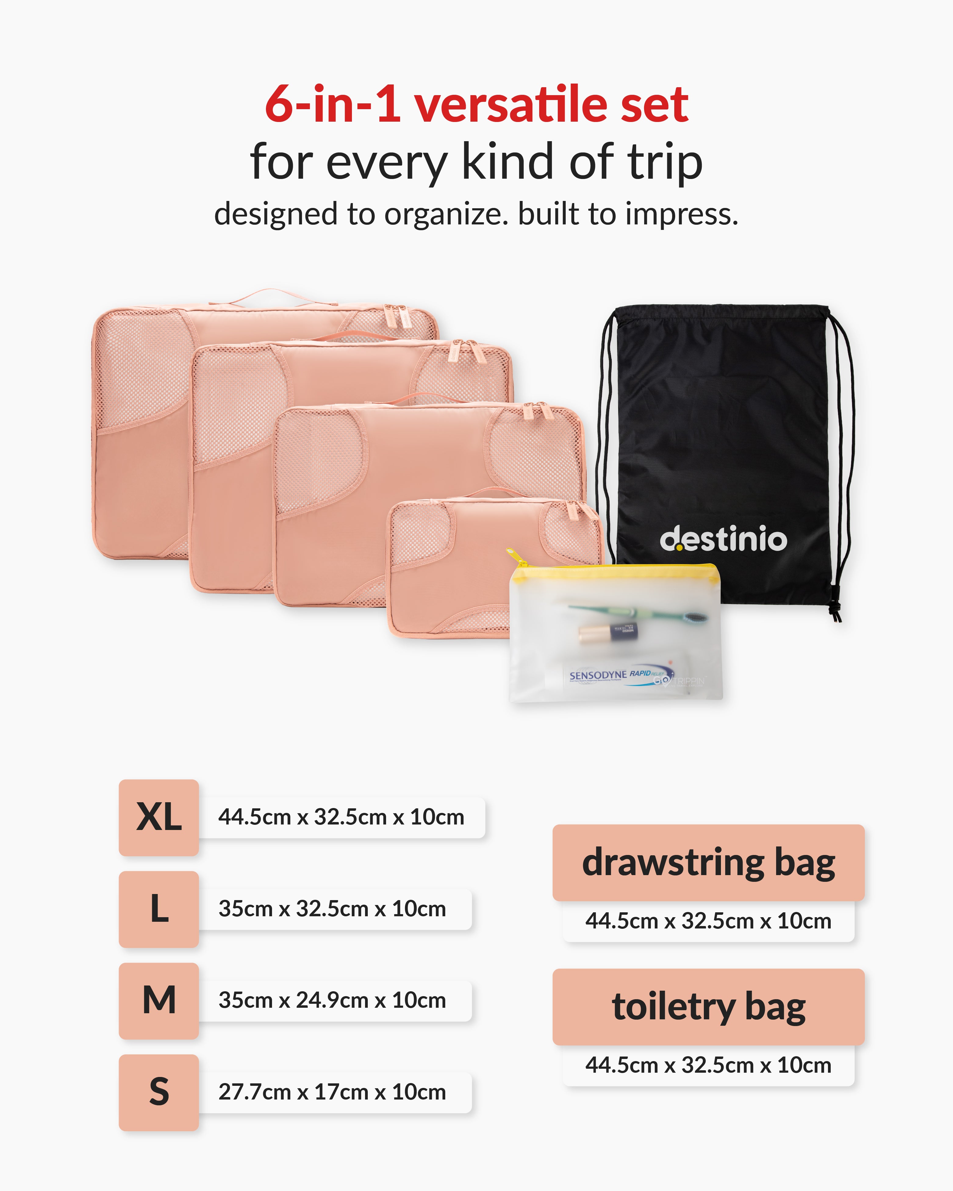 Destinio Packing Cubes - 6 piece set (Cross Mesh)