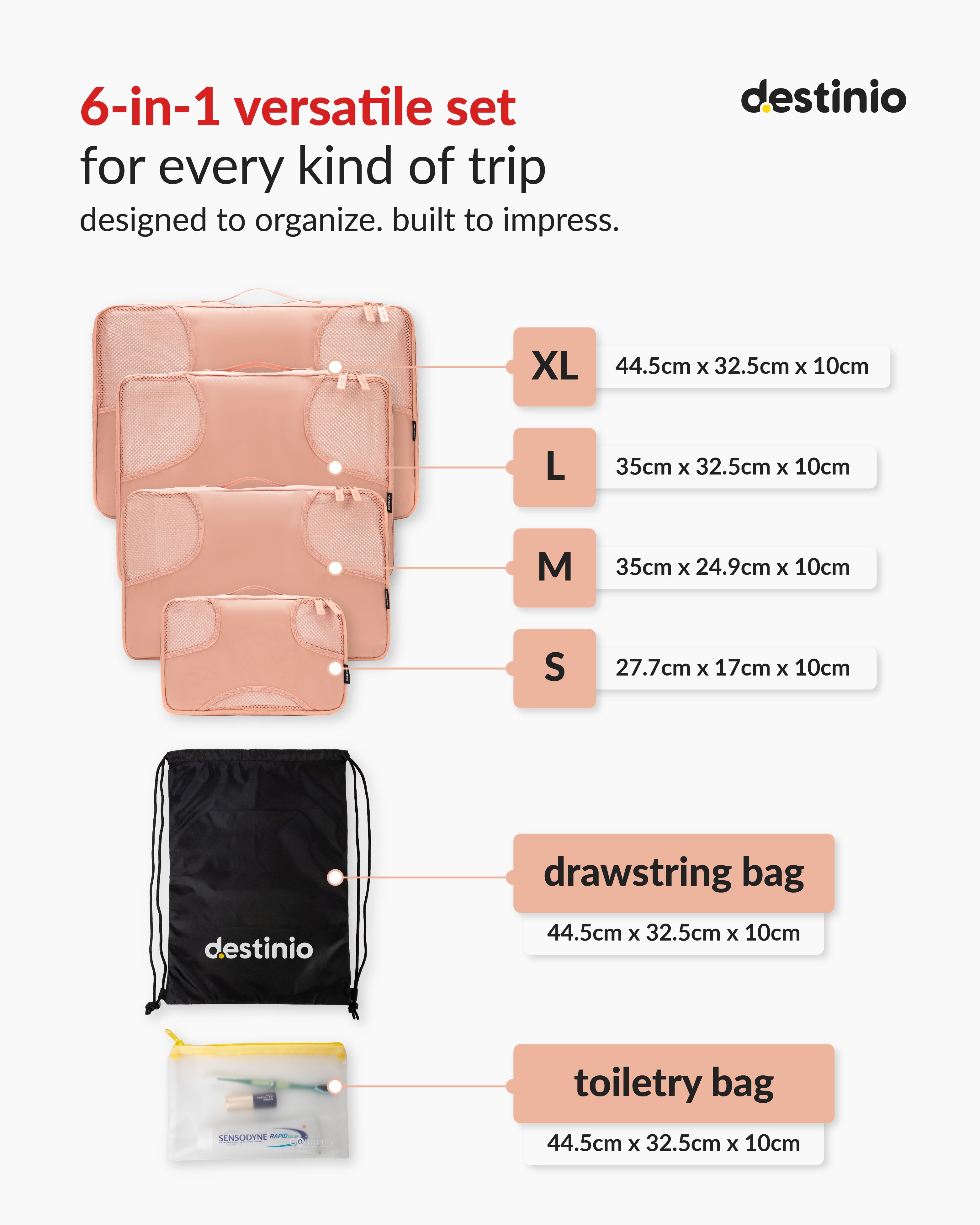 Destinio Packing Cubes - 6 piece set (Cross Mesh)