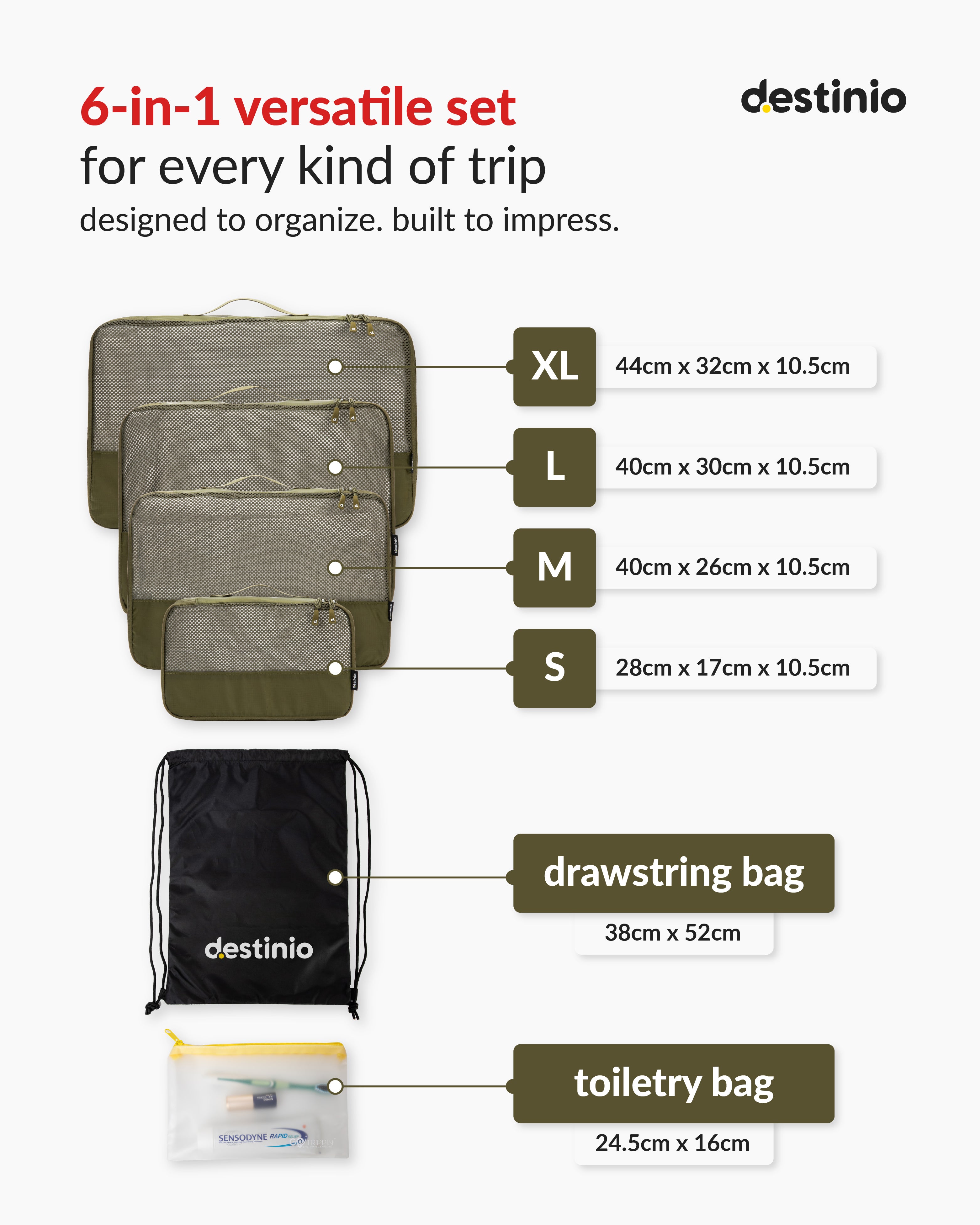Destinio Packing Cubes - 6 piece set (Rectangle Mesh)