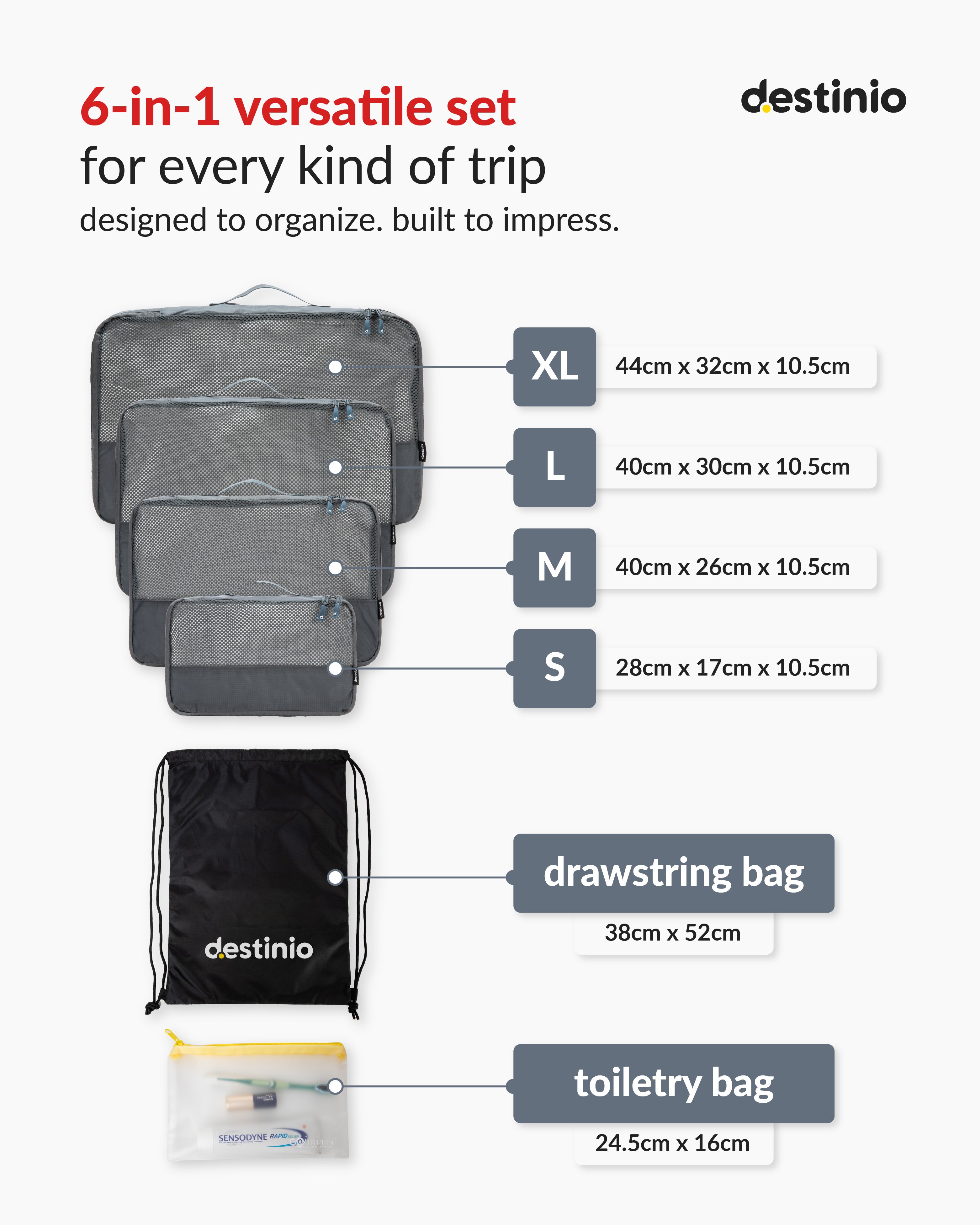 Destinio Packing Cubes - 6 piece set (Rectangle Mesh)