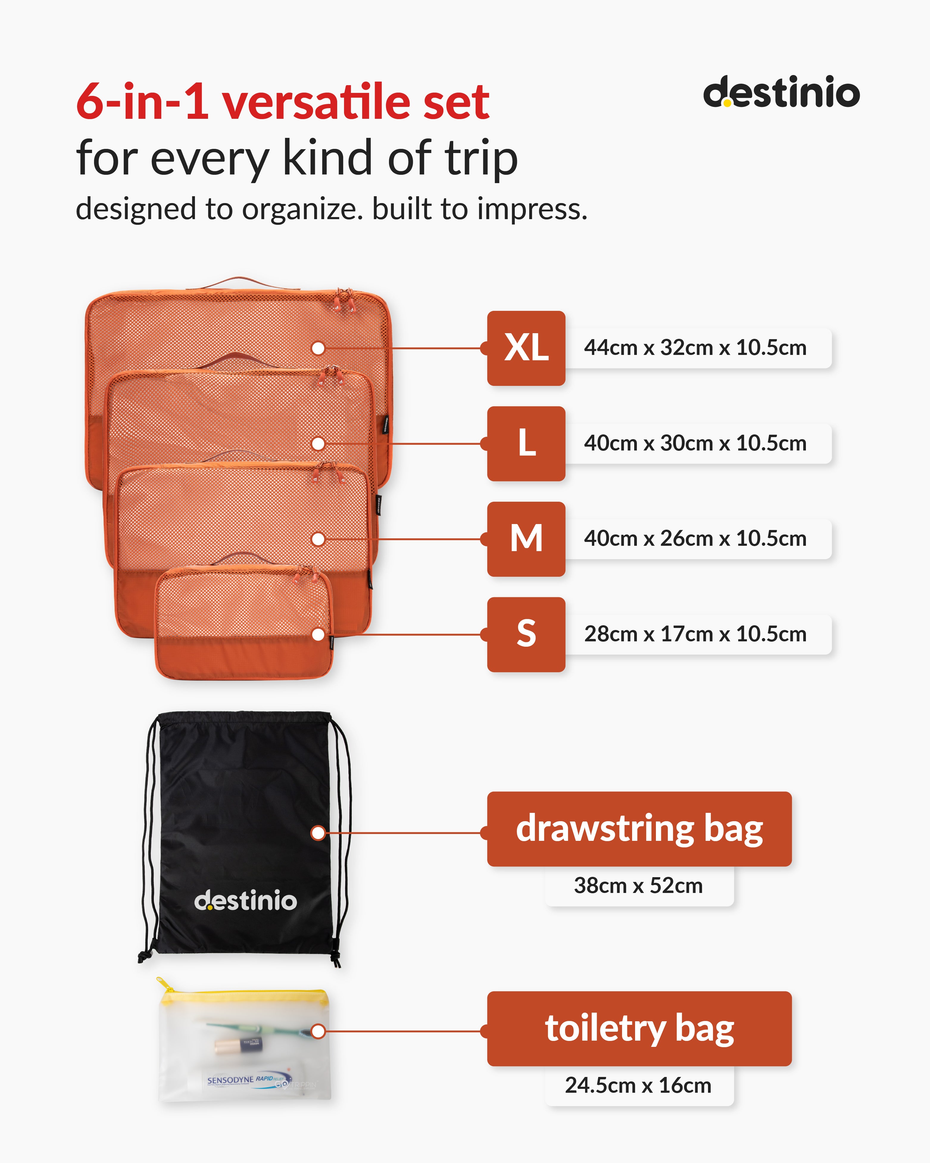 Destinio Packing Cubes - 6 piece set (Rectangle Mesh)