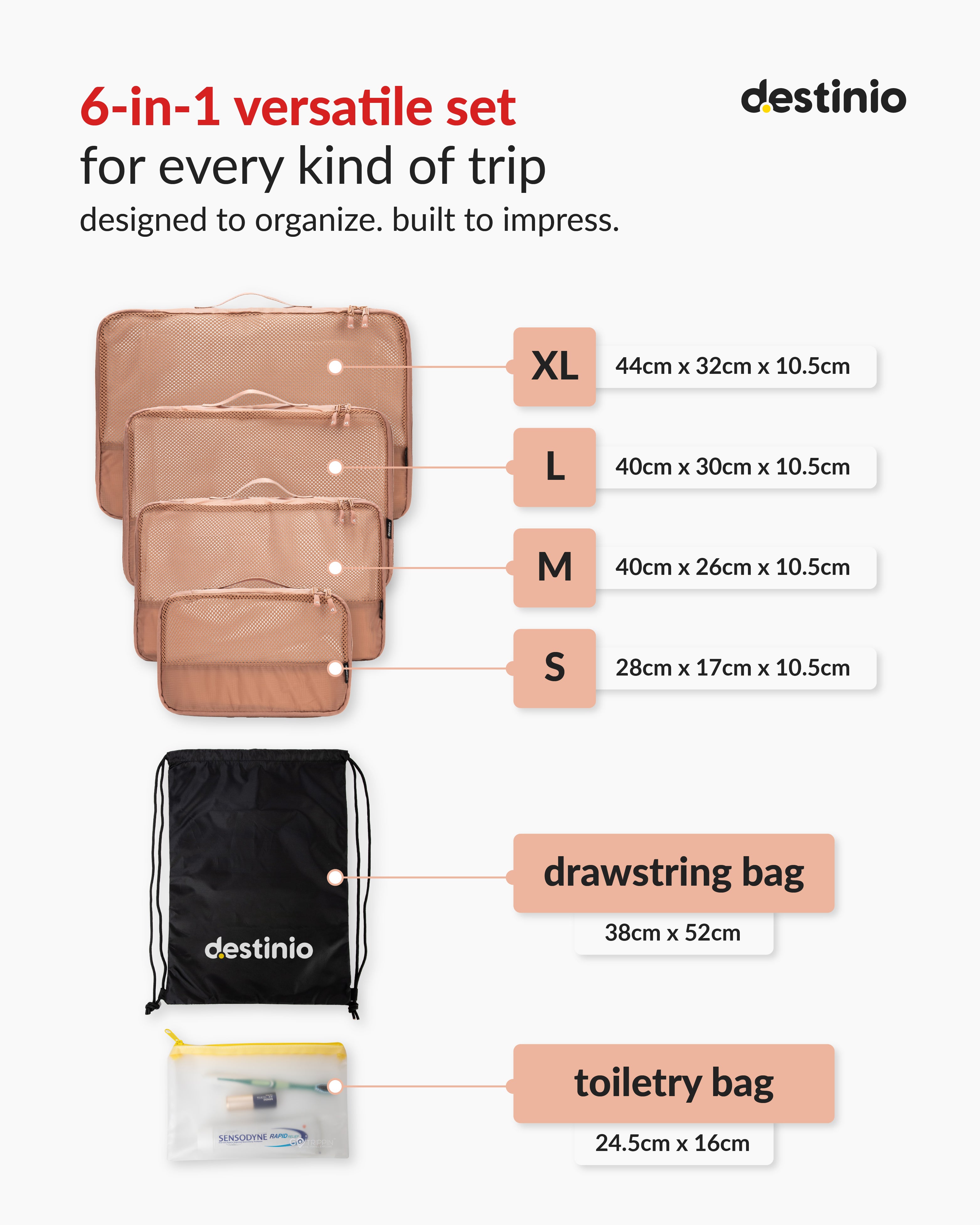 Destinio Packing Cubes - 6 piece set (Rectangle Mesh)