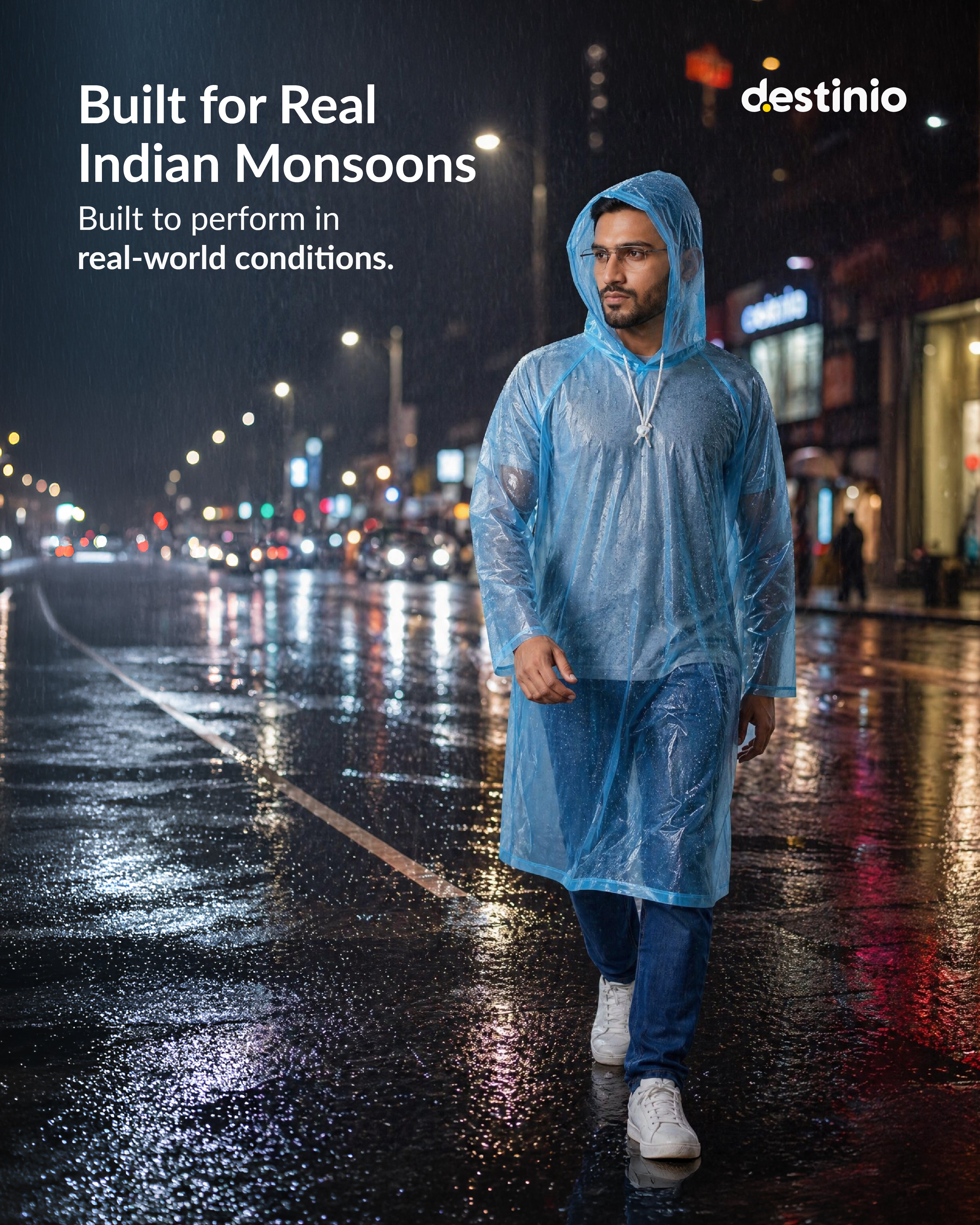 Destinio Waterproof Raincoat Poncho with Hood for Men & Women, Lightweight Reusable PVC Rainwear, Free Size Oversized Fit, Full Body Coverage for Travel, Bike Riding & Monsoon Use