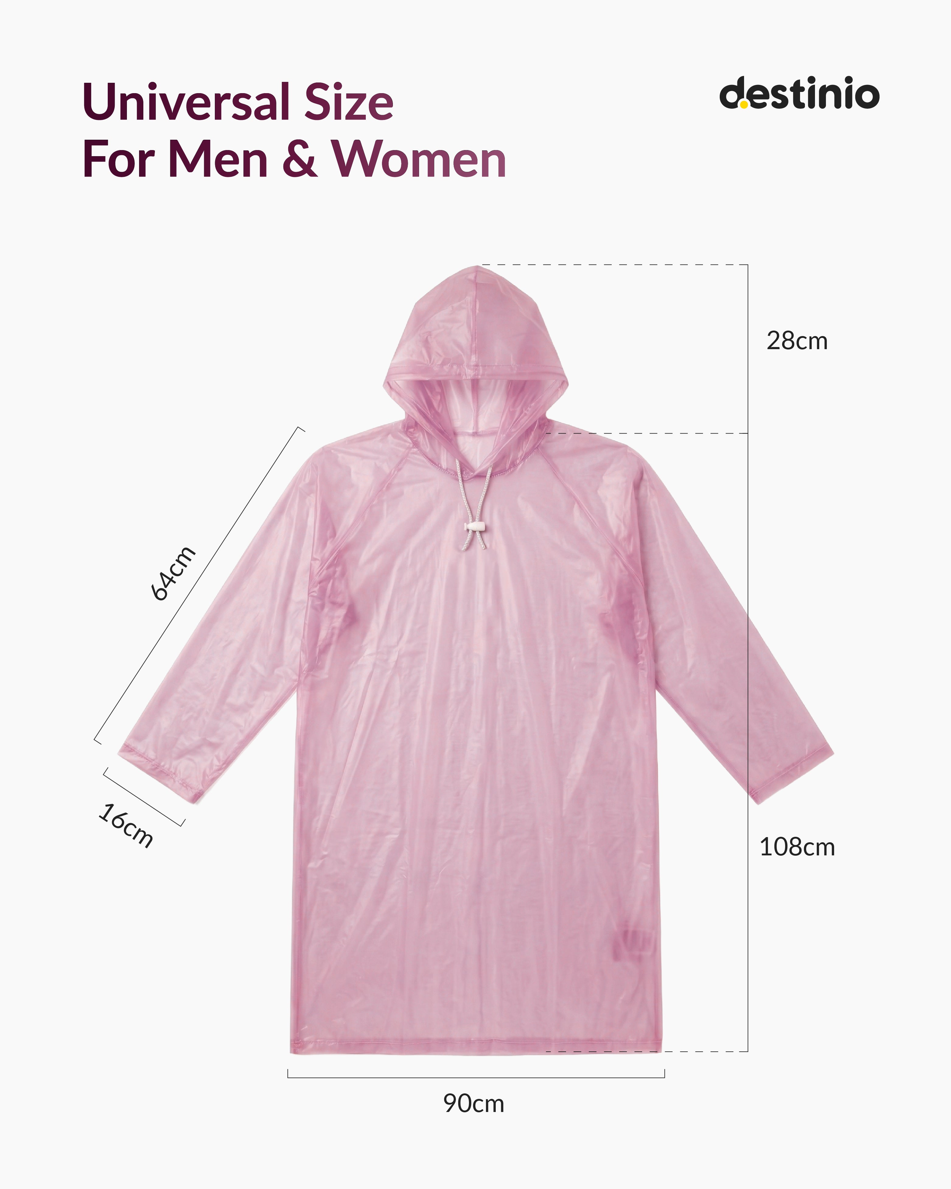Destinio Waterproof Raincoat Poncho with Hood for Men & Women, Lightweight Reusable PVC Rainwear, Free Size Oversized Fit, Full Body Coverage for Travel, Bike Riding & Monsoon Use- PINK