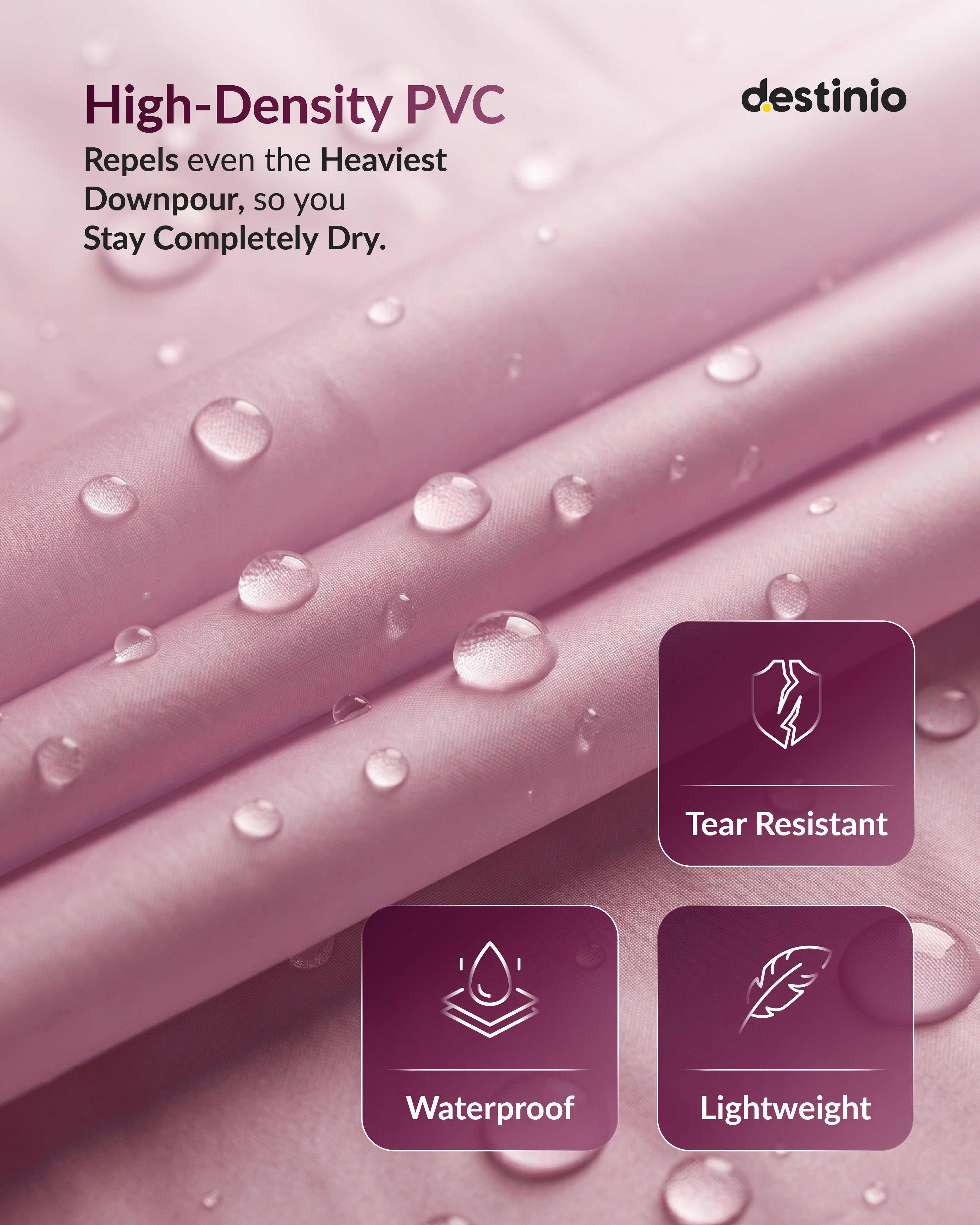 Destinio Waterproof Raincoat Poncho with Hood for Men & Women, Lightweight Reusable PVC Rainwear, Free Size Oversized Fit, Full Body Coverage for Travel, Bike Riding & Monsoon Use- PINK