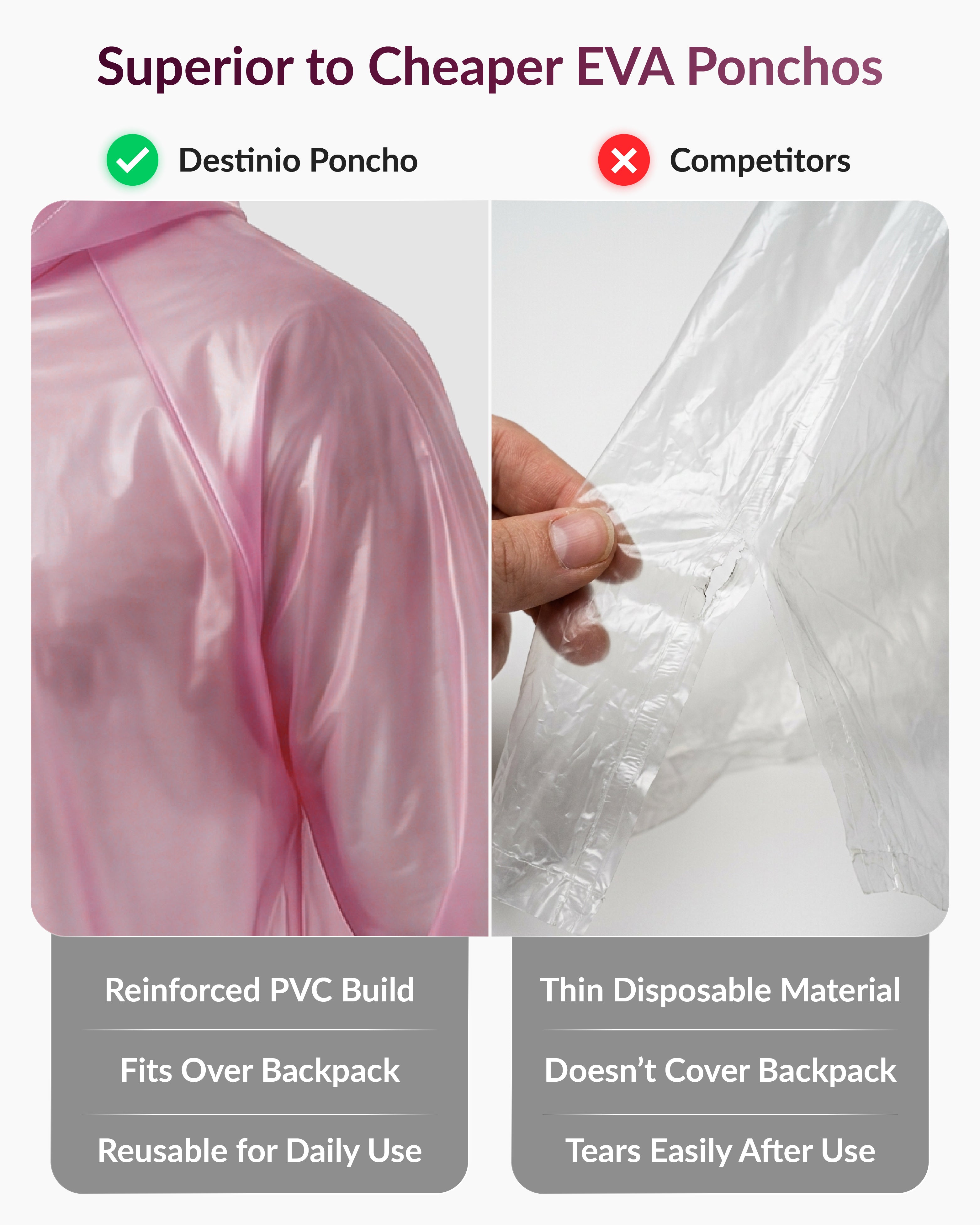 Destinio Waterproof Raincoat Poncho with Hood for Men & Women, Lightweight Reusable PVC Rainwear, Free Size Oversized Fit, Full Body Coverage for Travel, Bike Riding & Monsoon Use- PINK