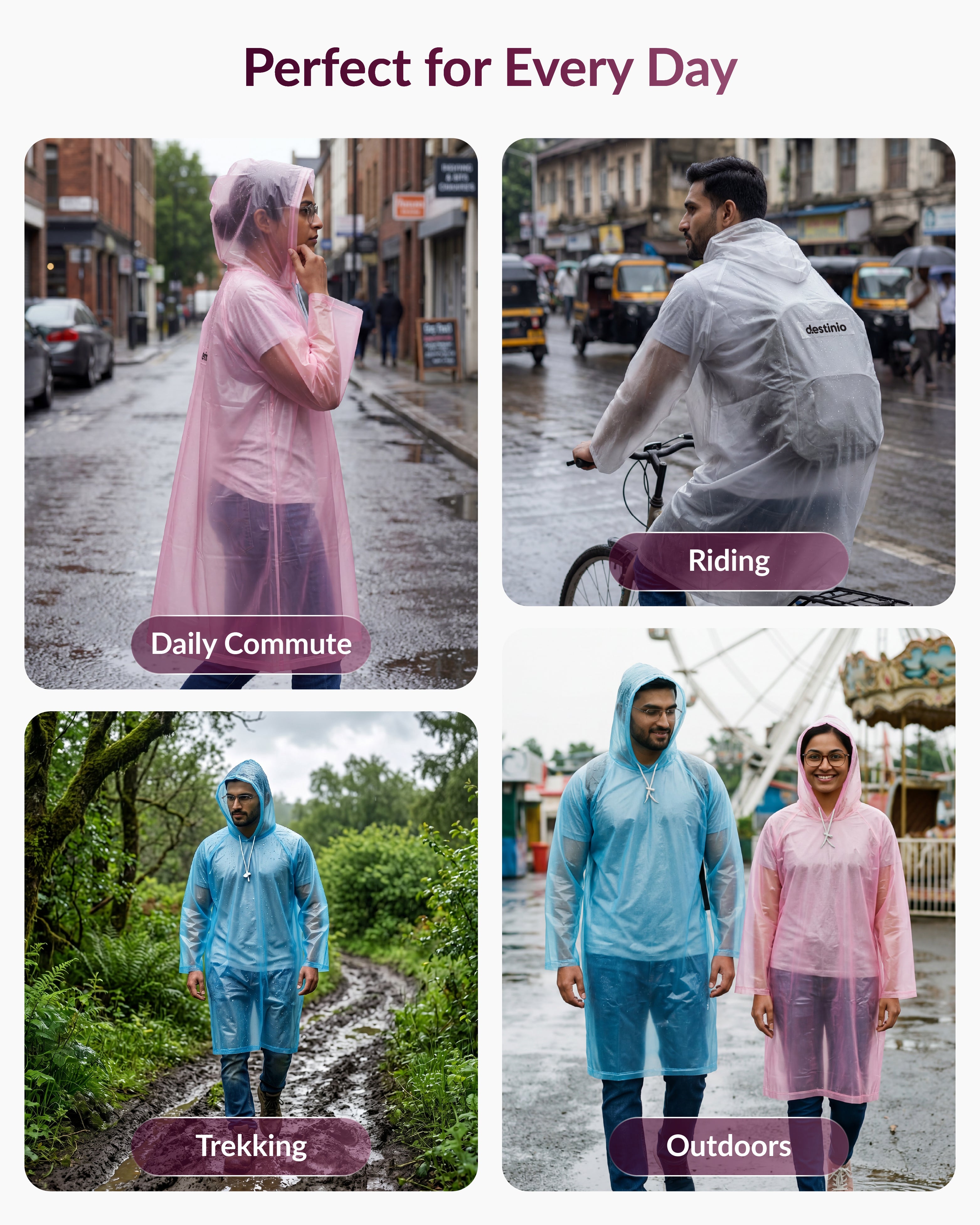 Destinio Waterproof Raincoat Poncho with Hood for Men & Women, Lightweight Reusable PVC Rainwear, Free Size Oversized Fit, Full Body Coverage for Travel, Bike Riding & Monsoon Use- PINK