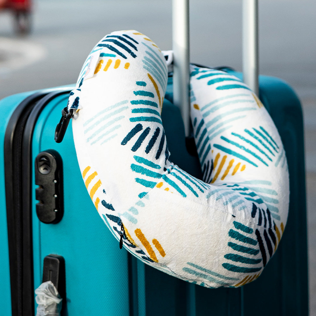 Destinio Neck Pillow - White Lines | Premium Memory Foam, Ergonomic Design, Includes Eye Mask