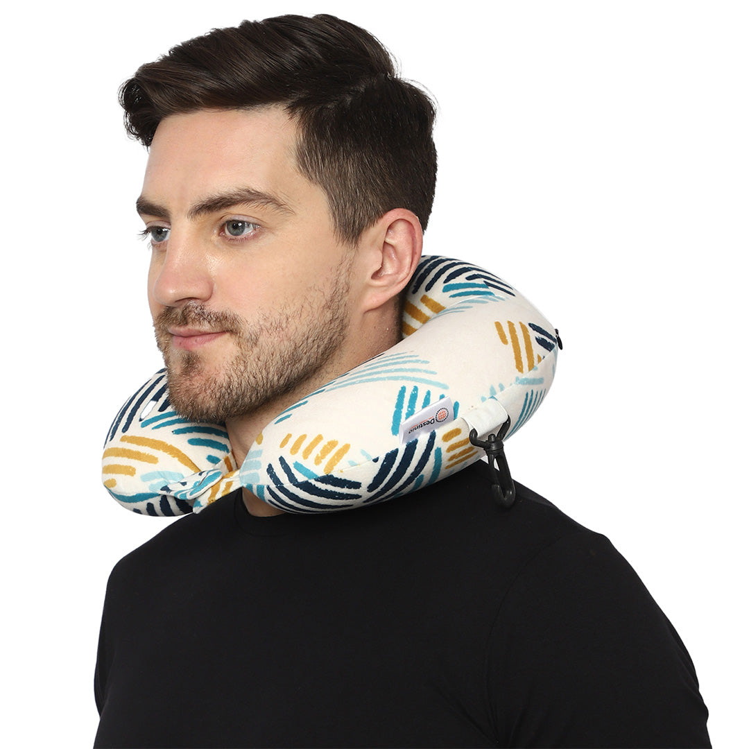 Destinio Neck Pillow - White Lines | Premium Memory Foam, Ergonomic Design, Includes Eye Mask