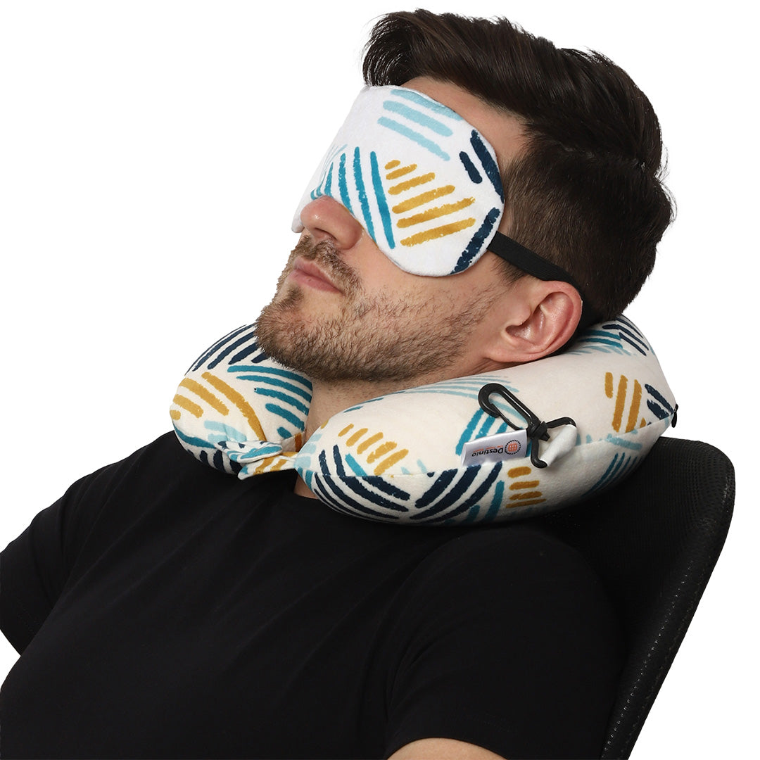 Destinio Neck Pillow - White Lines | Premium Memory Foam, Ergonomic Design, Includes Eye Mask