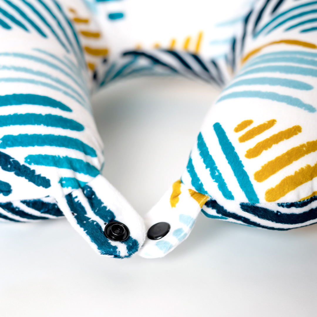 Destinio Neck Pillow - White Lines | Premium Memory Foam, Ergonomic Design, Includes Eye Mask